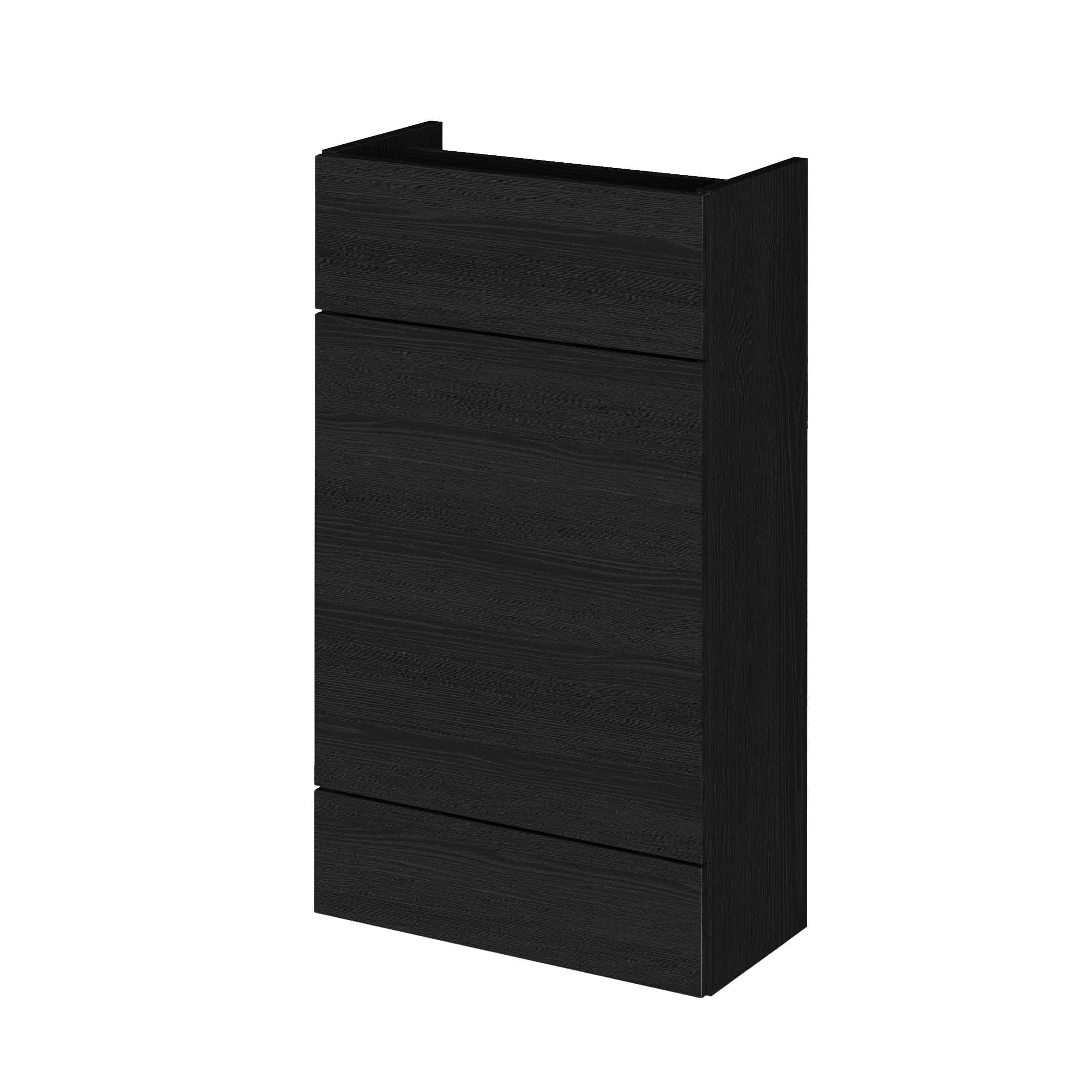 Modern black bathroom cabinet with sleek wood grain finish, ideal for stylish bathroom storage solutions. Durable and contemporary design complements various interior styles.