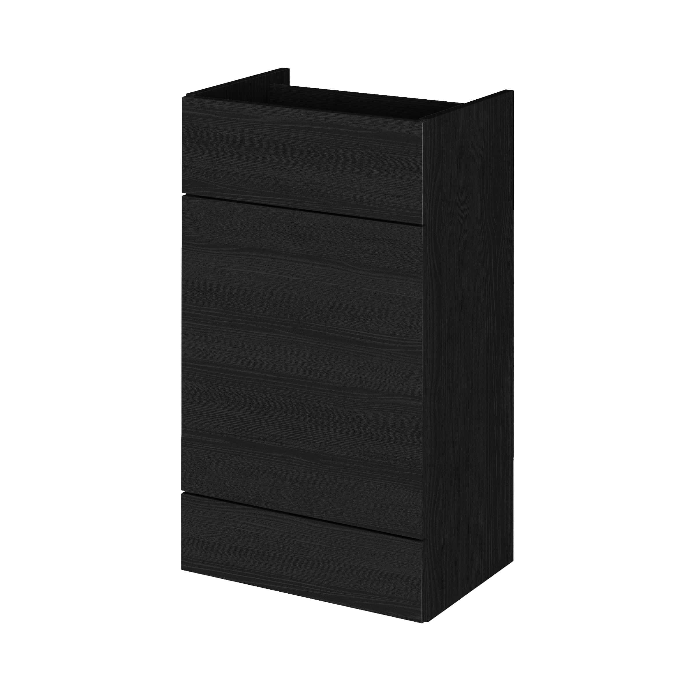 Sleek black bathroom vanity unit with clean lines and modern design, perfect for contemporary bathrooms and storage solutions.