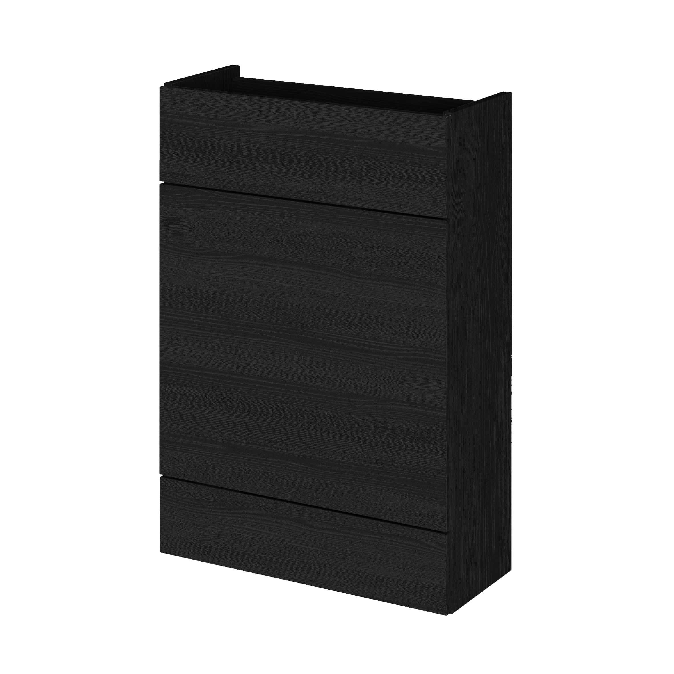 Sleek black bathroom vanity unit with drawers, modern storage solution for contemporary bathroom décor.