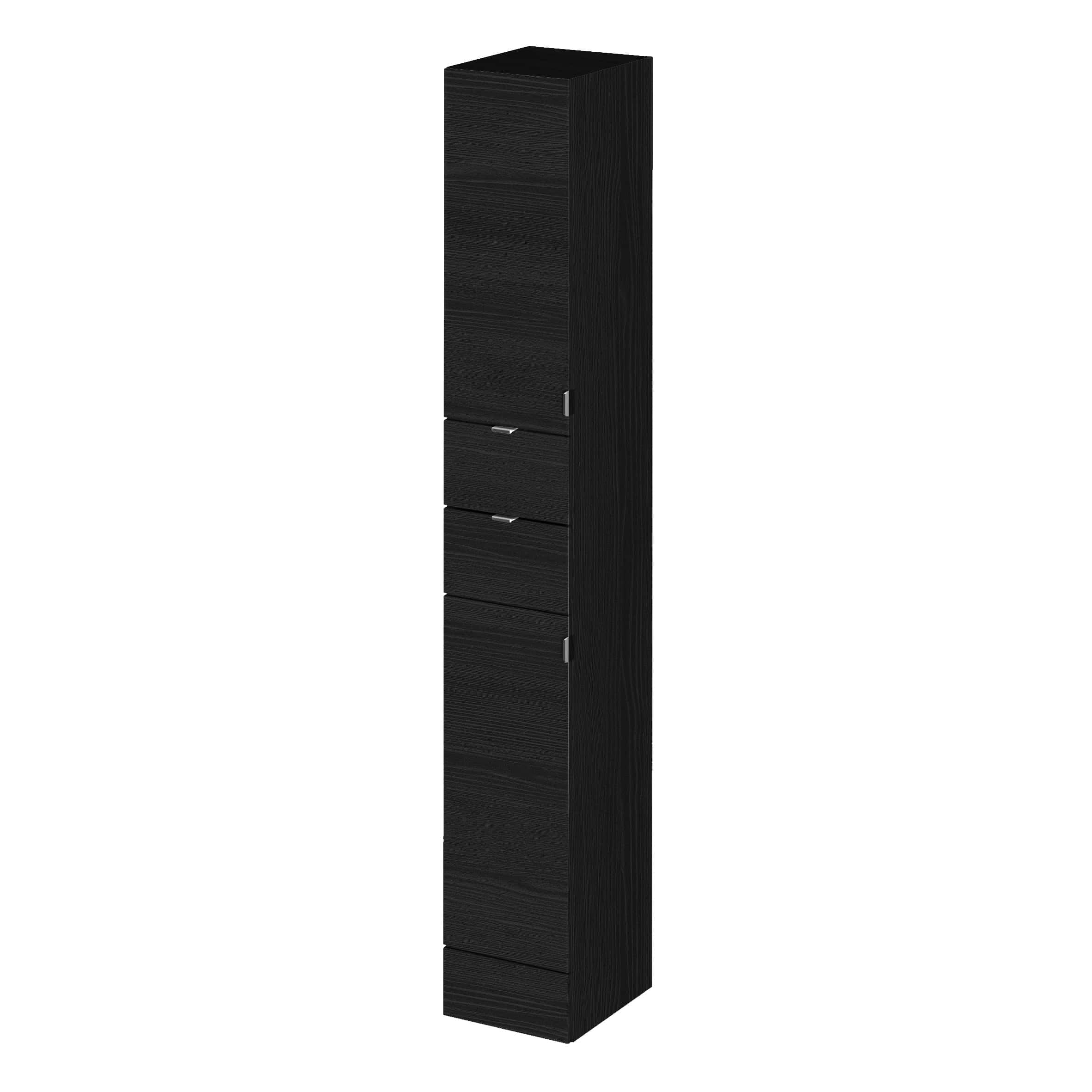 Black bathroom tall storage cabinet with multiple drawers and doors, modern bathroom furniture for stylish and functional bathroom storage solutions.