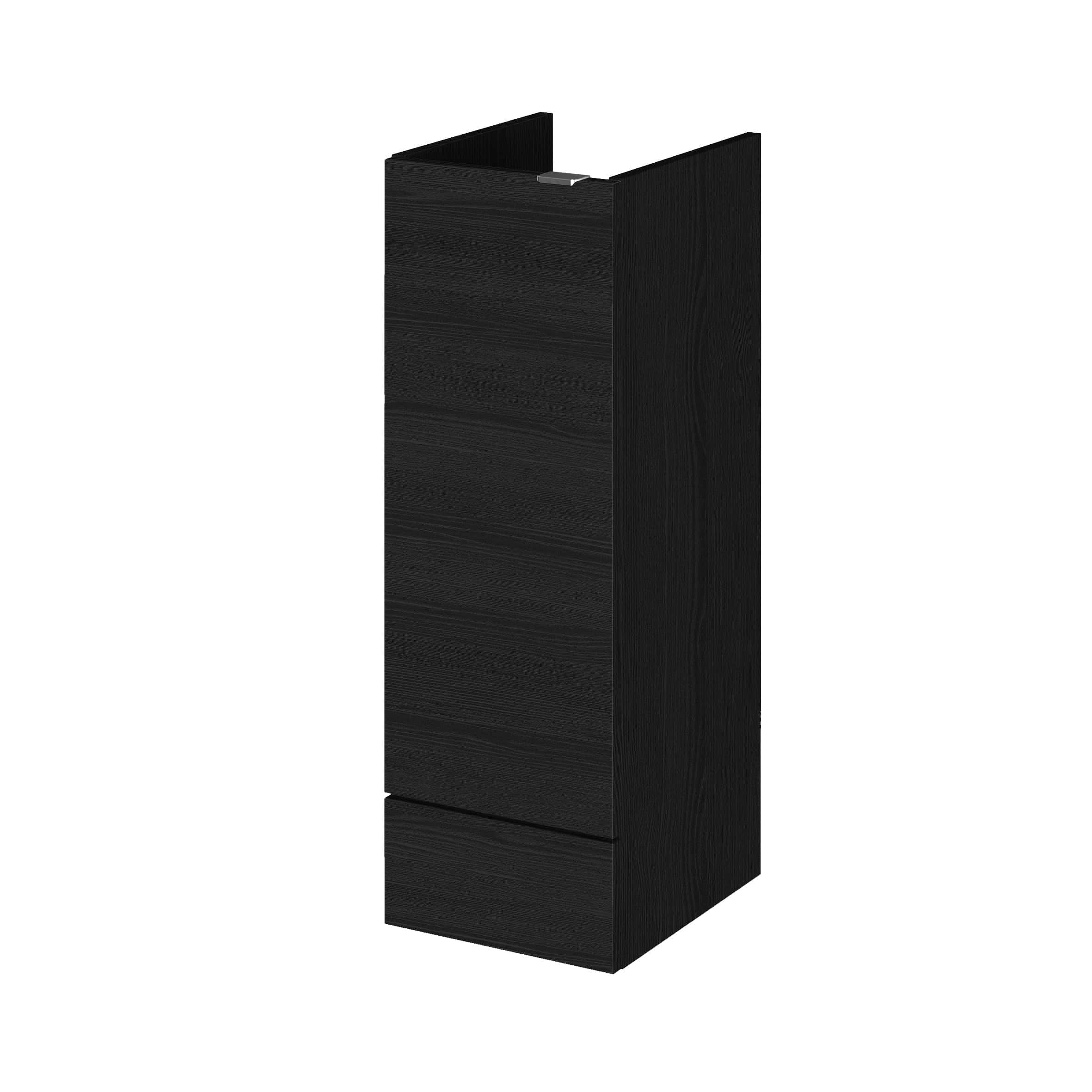 Modern black bathroom storage cabinet with sleek wood finish for contemporary bathroom organisation and style.