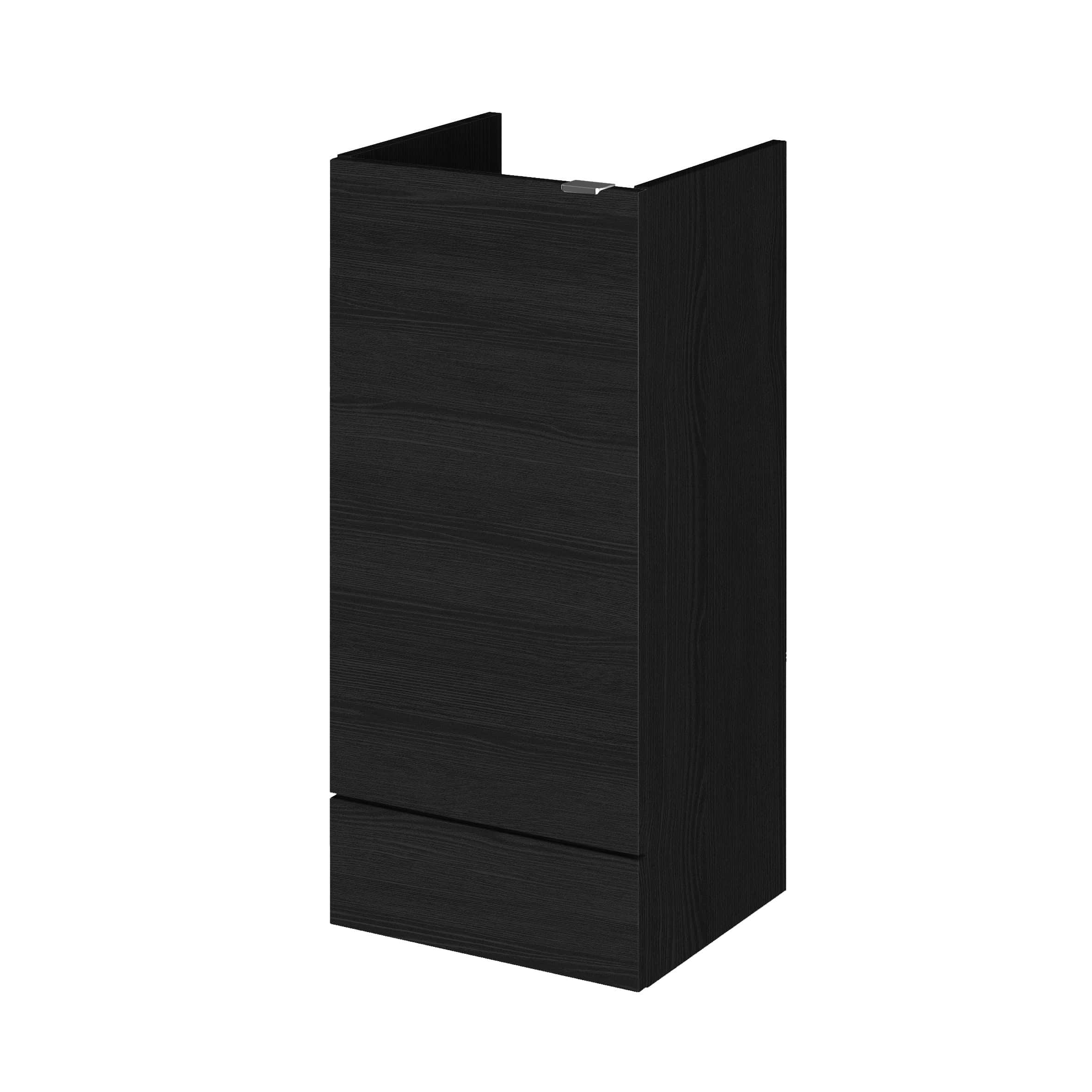 Sleek black bathroom storage cabinet with modern wood grain finish, ideal for bathroom organisation and space-saving design.