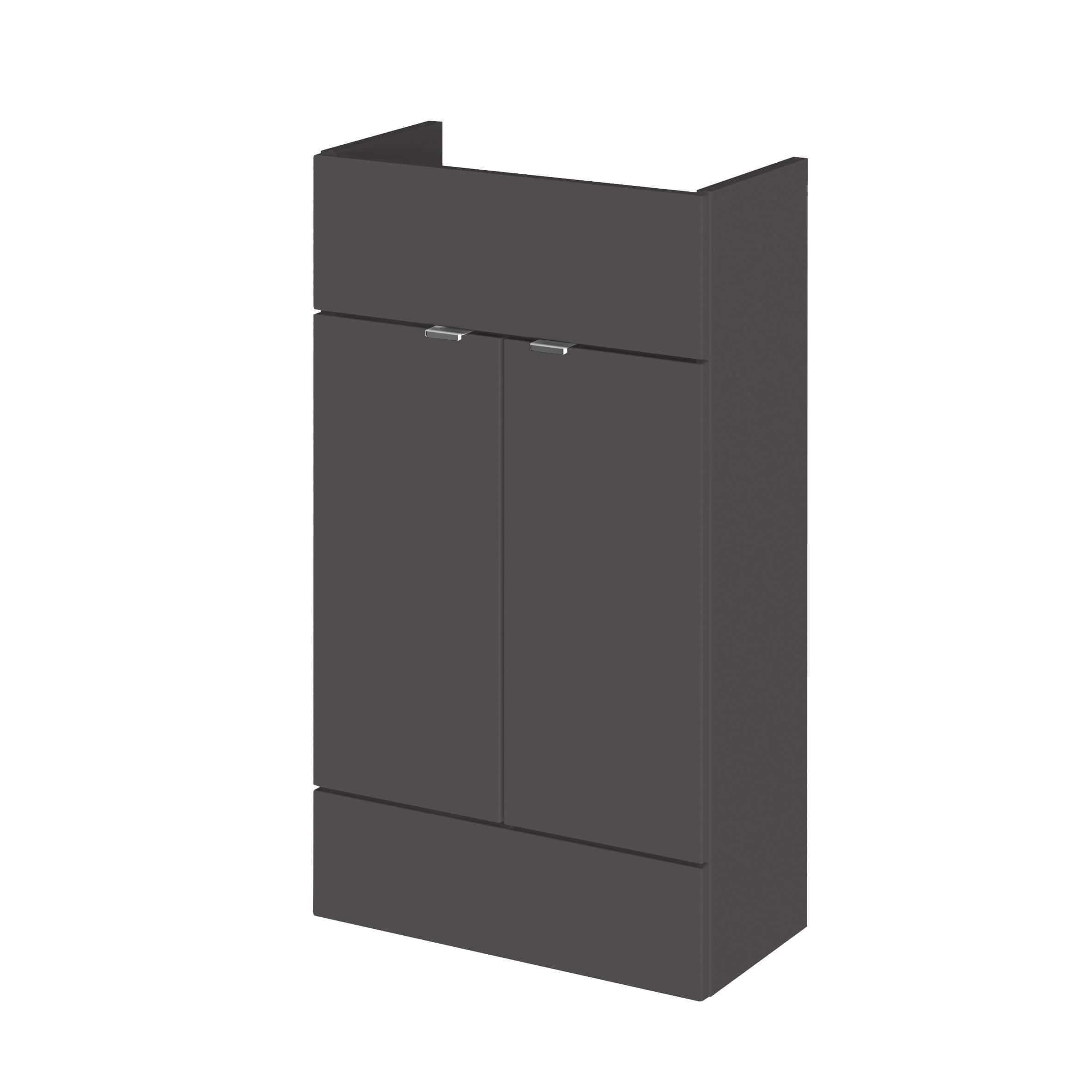 Sleek dark grey bathroom cabinet with dual doors and modern handles, ideal for bathroom storage solutions, perfect for contemporary bathroom interiors.