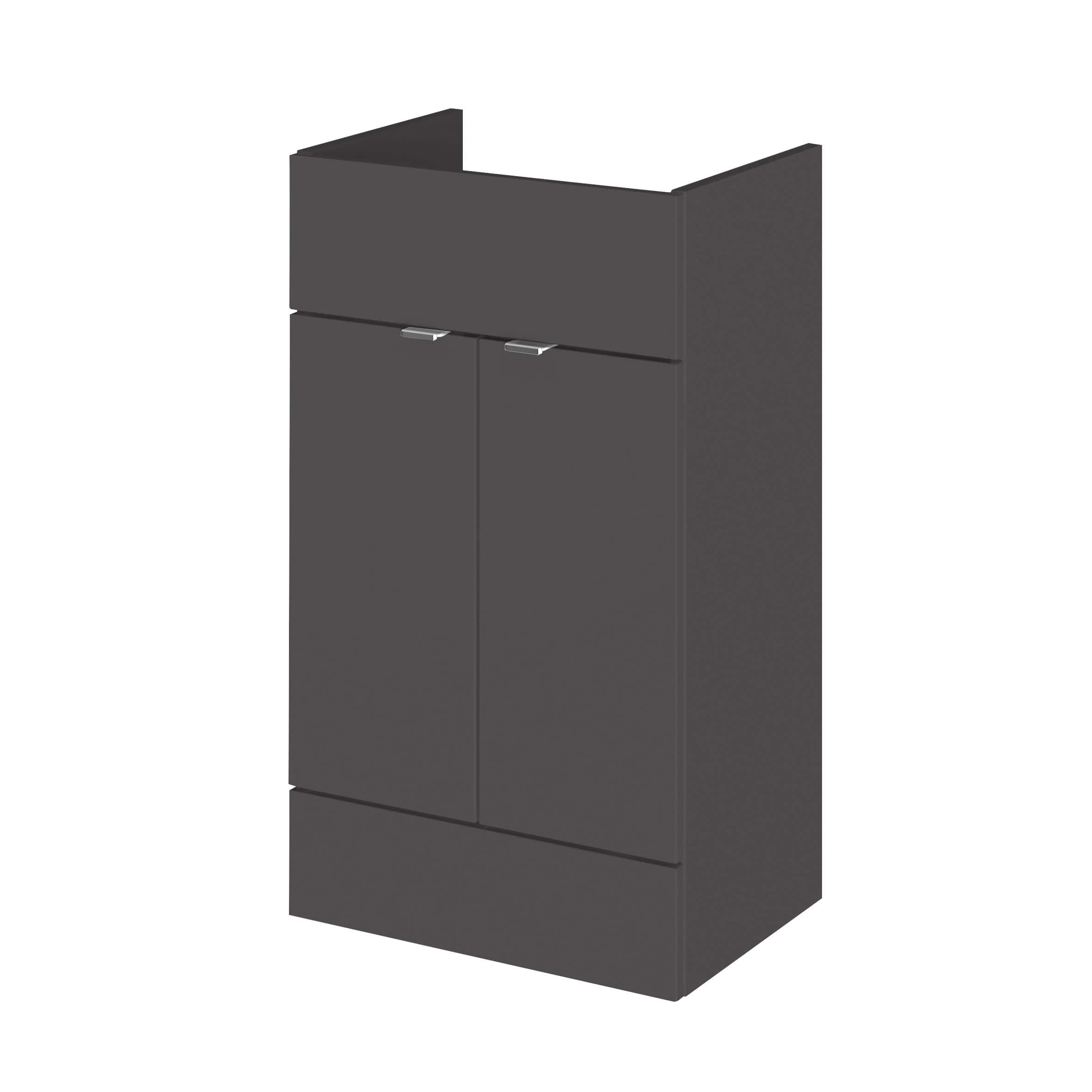 Contemporary grey bathroom cabinet with sleek design, double doors, and silver handles, ideal for modern bathrooms. Provides stylish storage space for bathroom essentials.