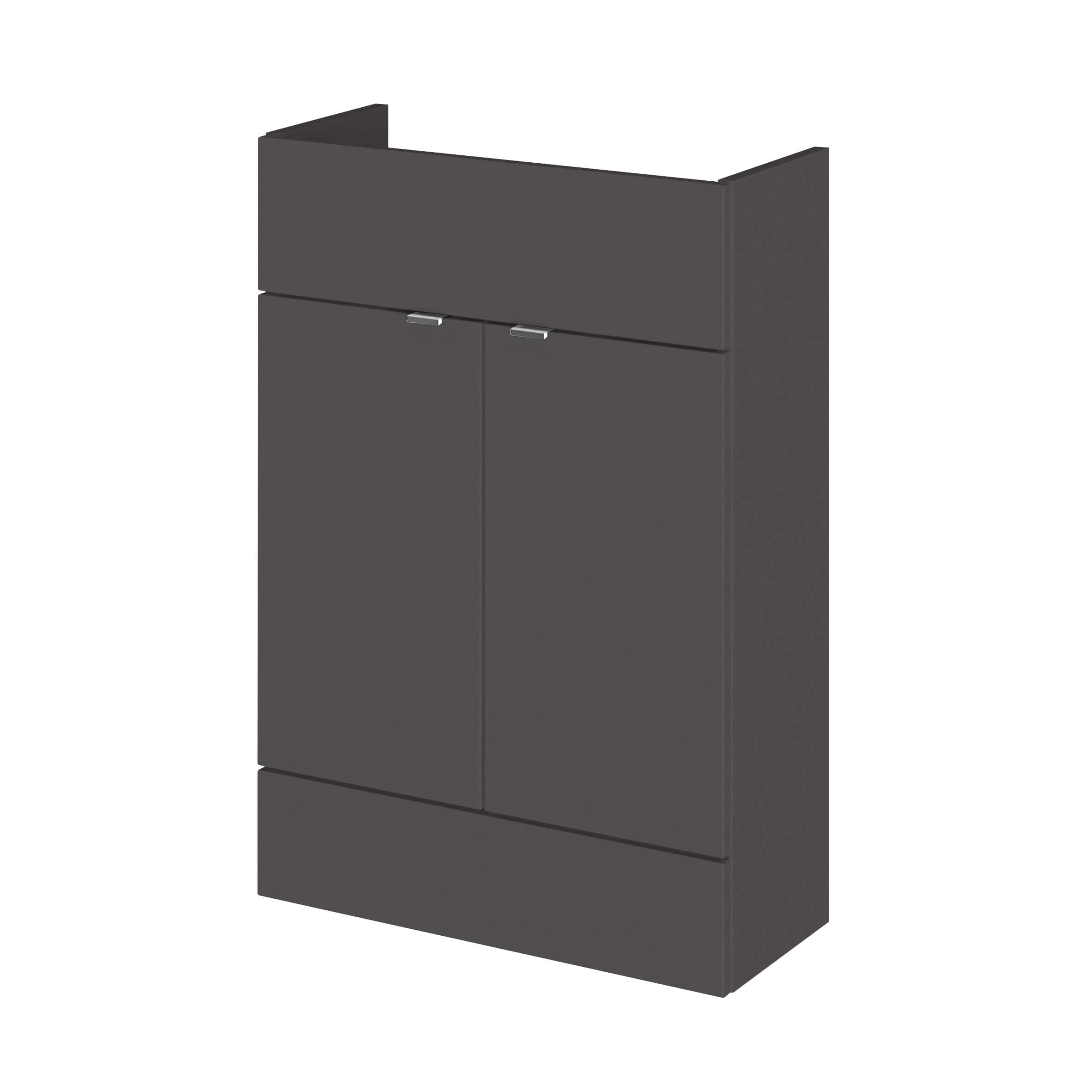 Sleek dark grey bathroom cabinet with two doors and modern metallic handles, ideal for contemporary bathroom storage and organisation. Perfect for minimalist interior design.