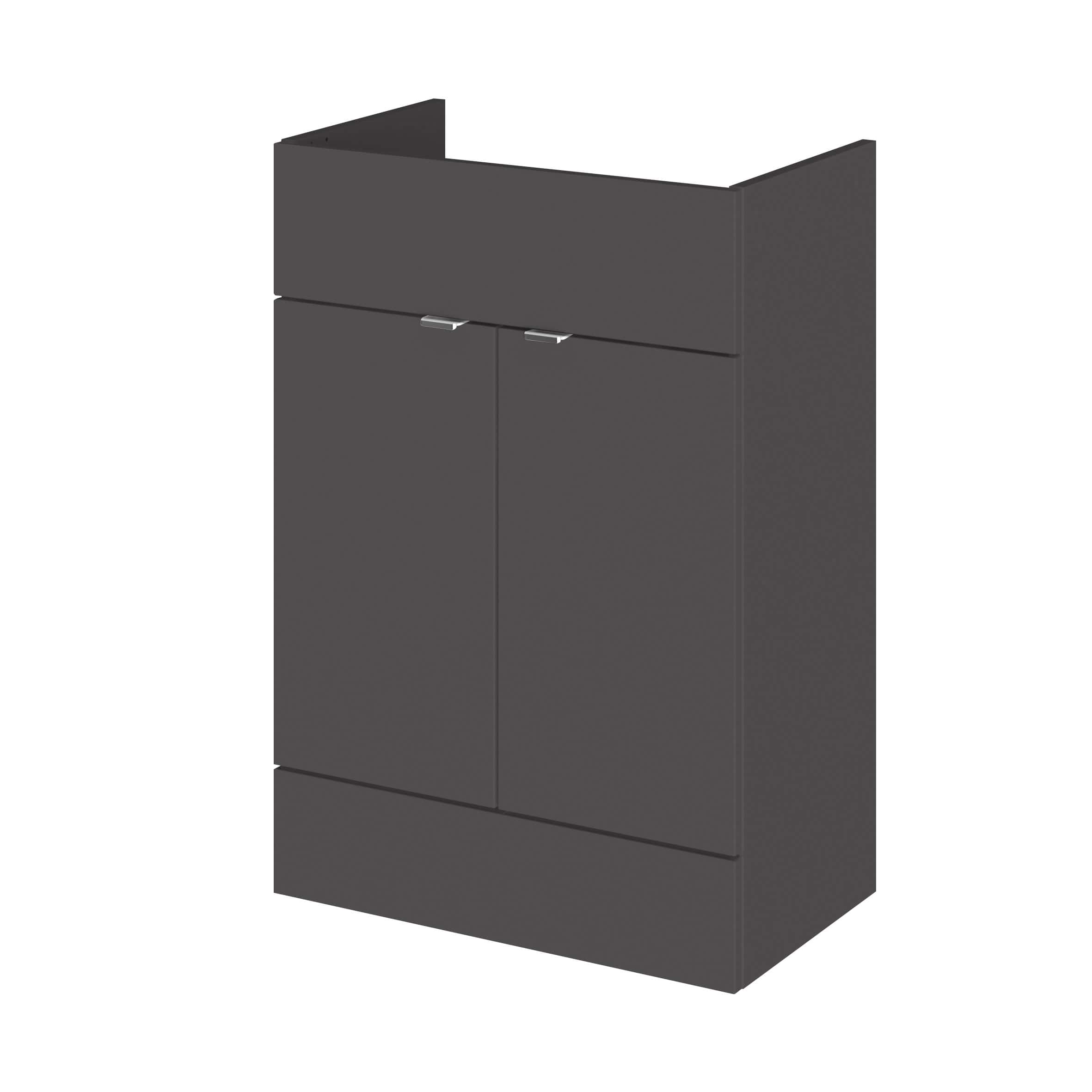 Dark grey bathroom vanity unit with two cabinet doors and a top storage shelf, modern design for contemporary bathrooms.