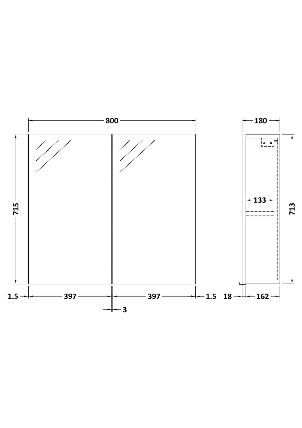 Modern mirrored bathroom cabinet with integrated storage, measuring 800mm wide, 715mm high, featuring sleek design and ample space for bathroom essentials.