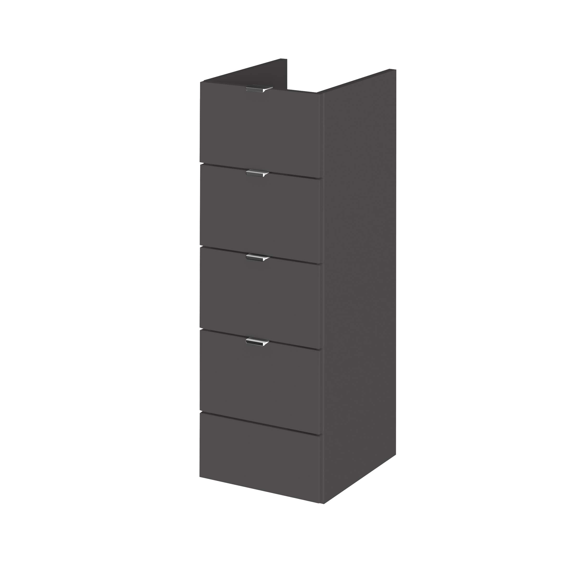 Smooth dark grey bathroom cabinet with five drawers, modern storage solution for contemporary bathroom spaces. Perfect for organising toiletries and accessories.