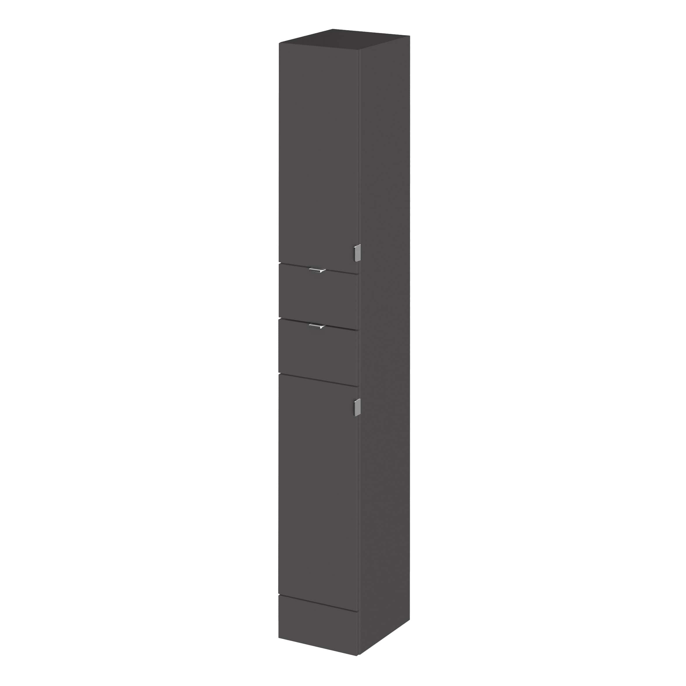 Sliding grey bathroom storage cabinet with multiple compartments and sleek handles for organised bathroom essentials.