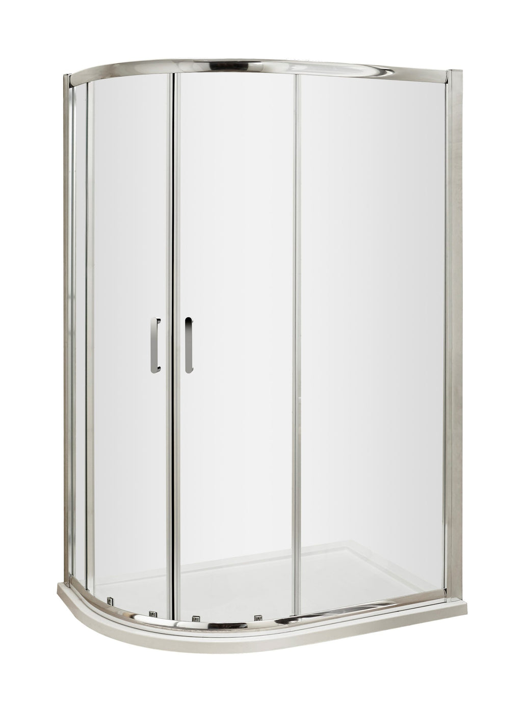 Shower enclosure with curved glass doors and chrome frame, ideal for modern bathrooms, providing a sleek and space-saving design.