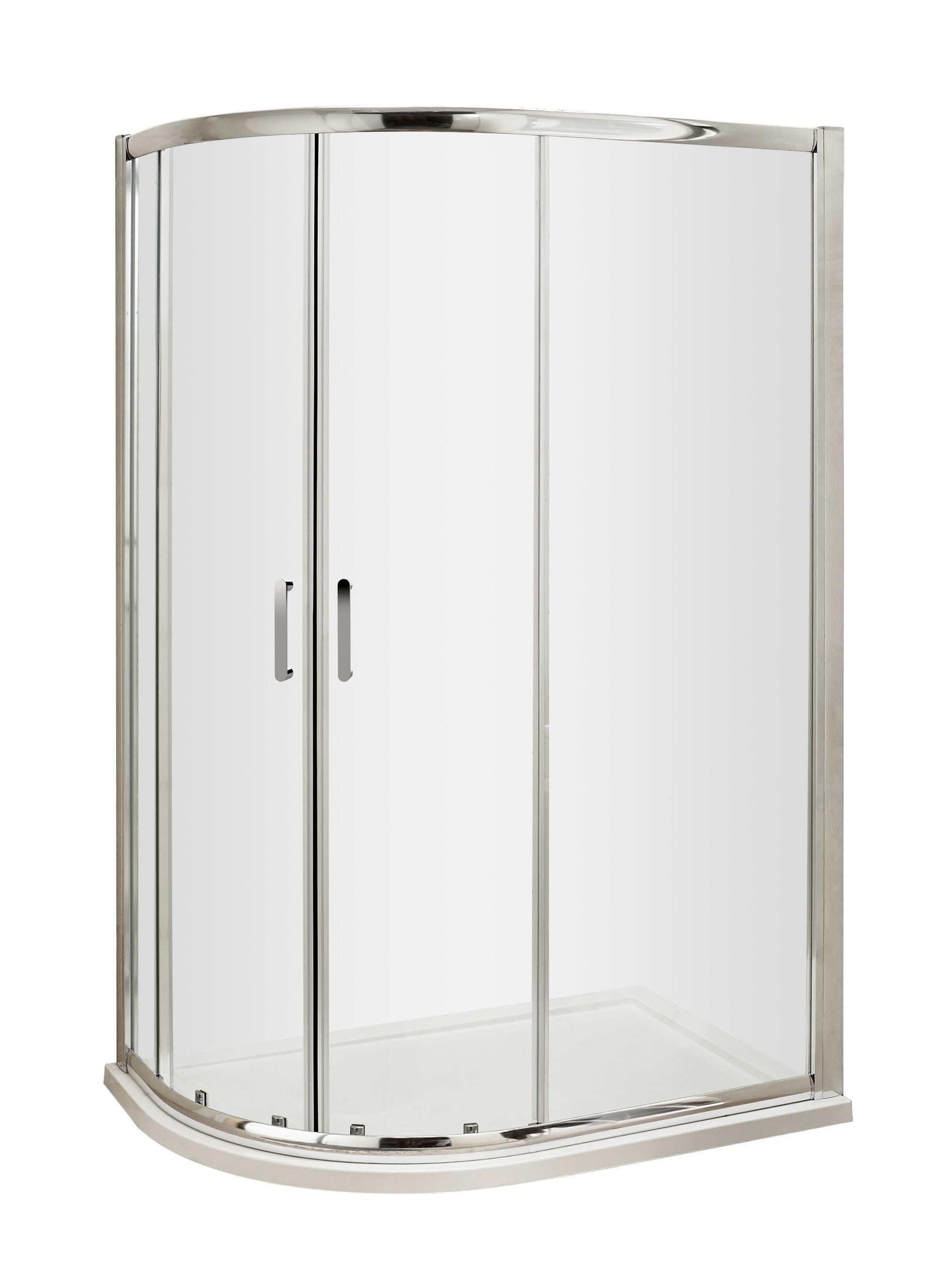 Shower enclosure with curved glass doors and chrome frame, ideal for modern bathrooms, providing a sleek and space-saving design.