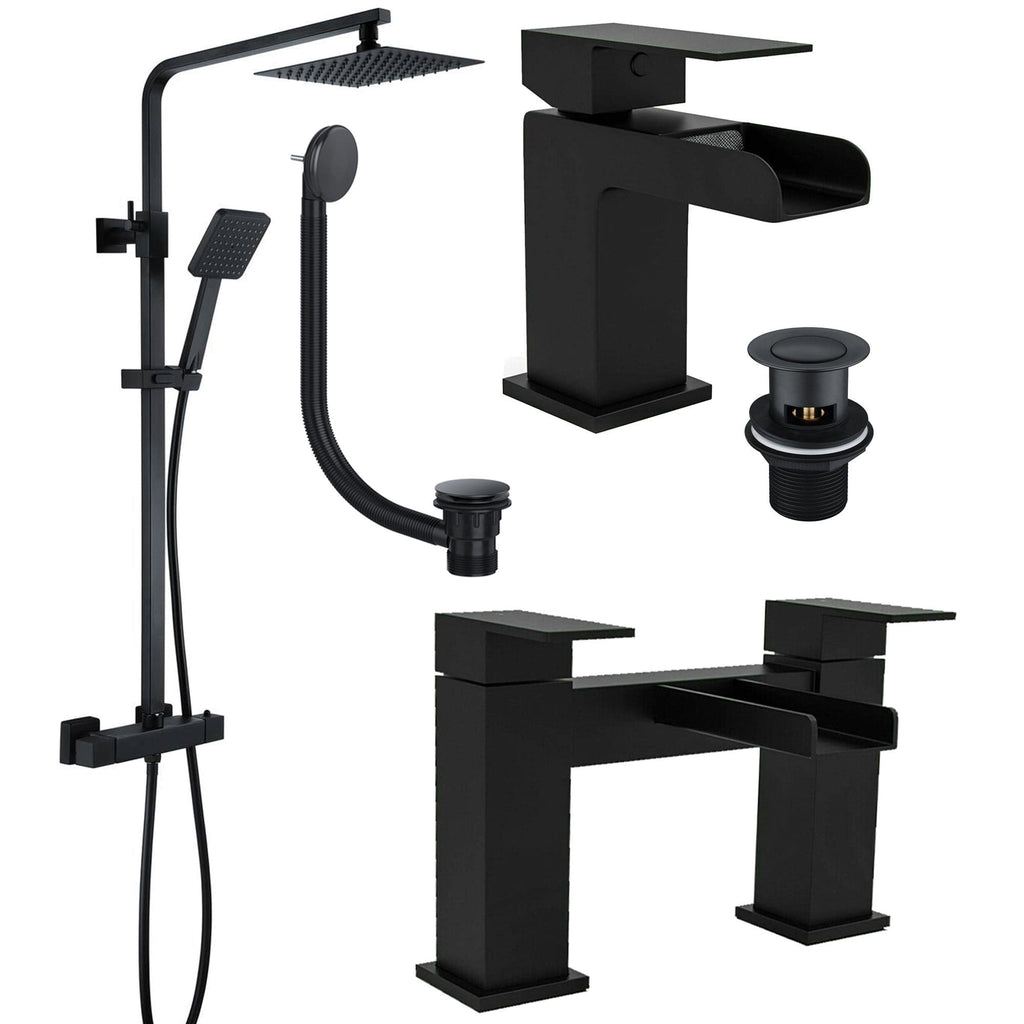 Polished black bathroom fixtures including a modern shower set, basin mixer tap, and installation components, perfect for contemporary bathroom renovation and creating sleek, minimalist spaces.