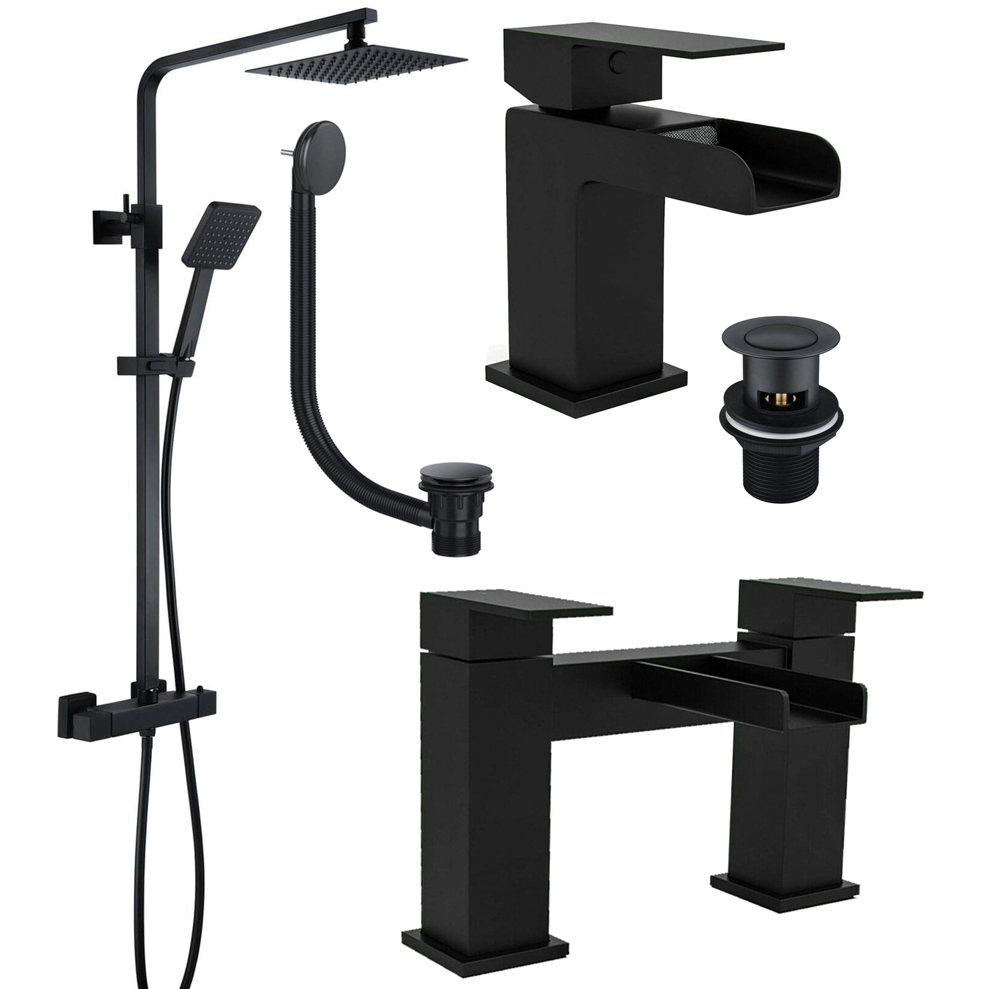 Polished black bathroom fixtures including a modern shower set, basin mixer tap, and installation components, perfect for contemporary bathroom renovation and creating sleek, minimalist spaces.