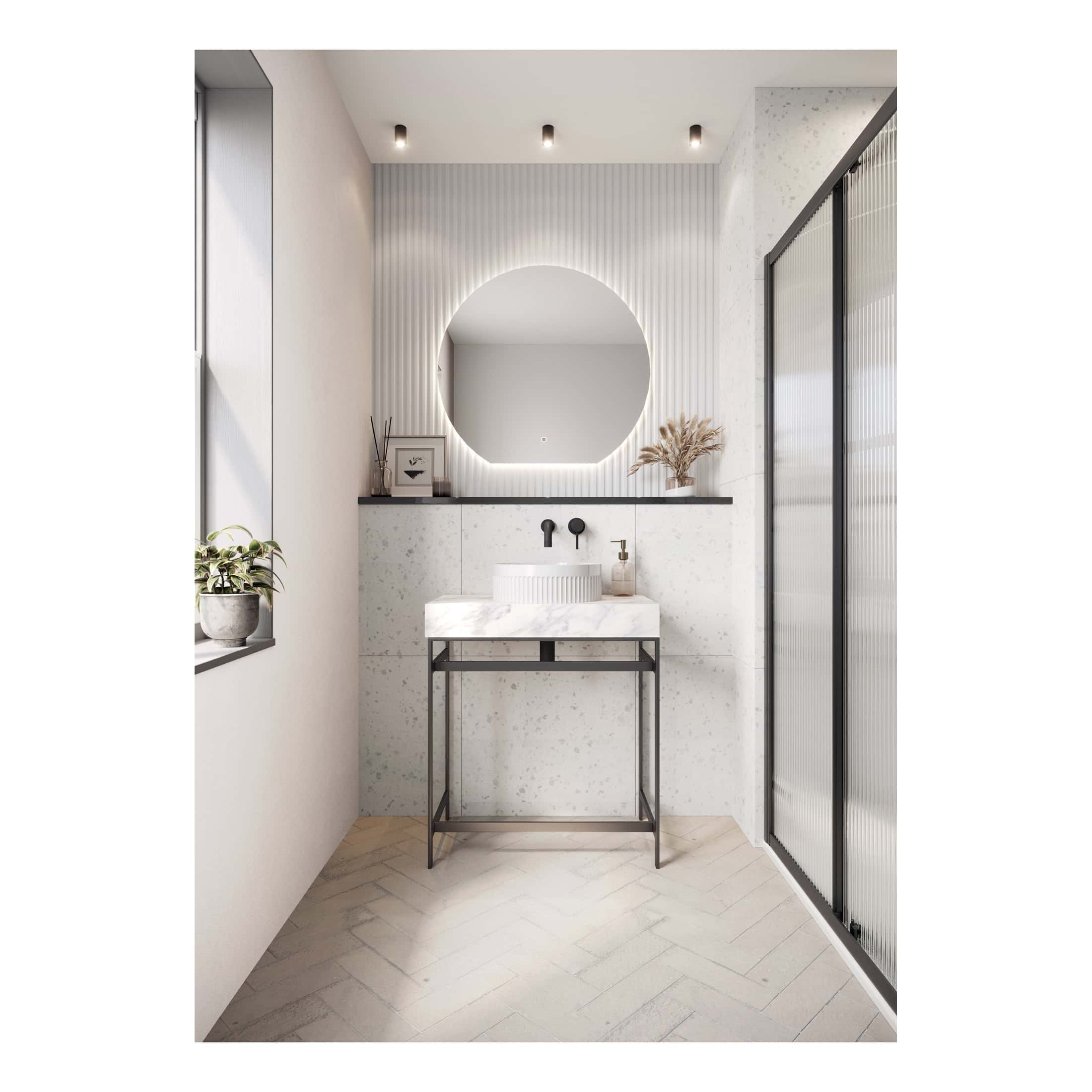 Modern minimalist bathroom with stylish round mirror, white terrazzo vanity, black fixtures, and sleek shower enclosure, perfect for contemporary bathroom design and renovation.