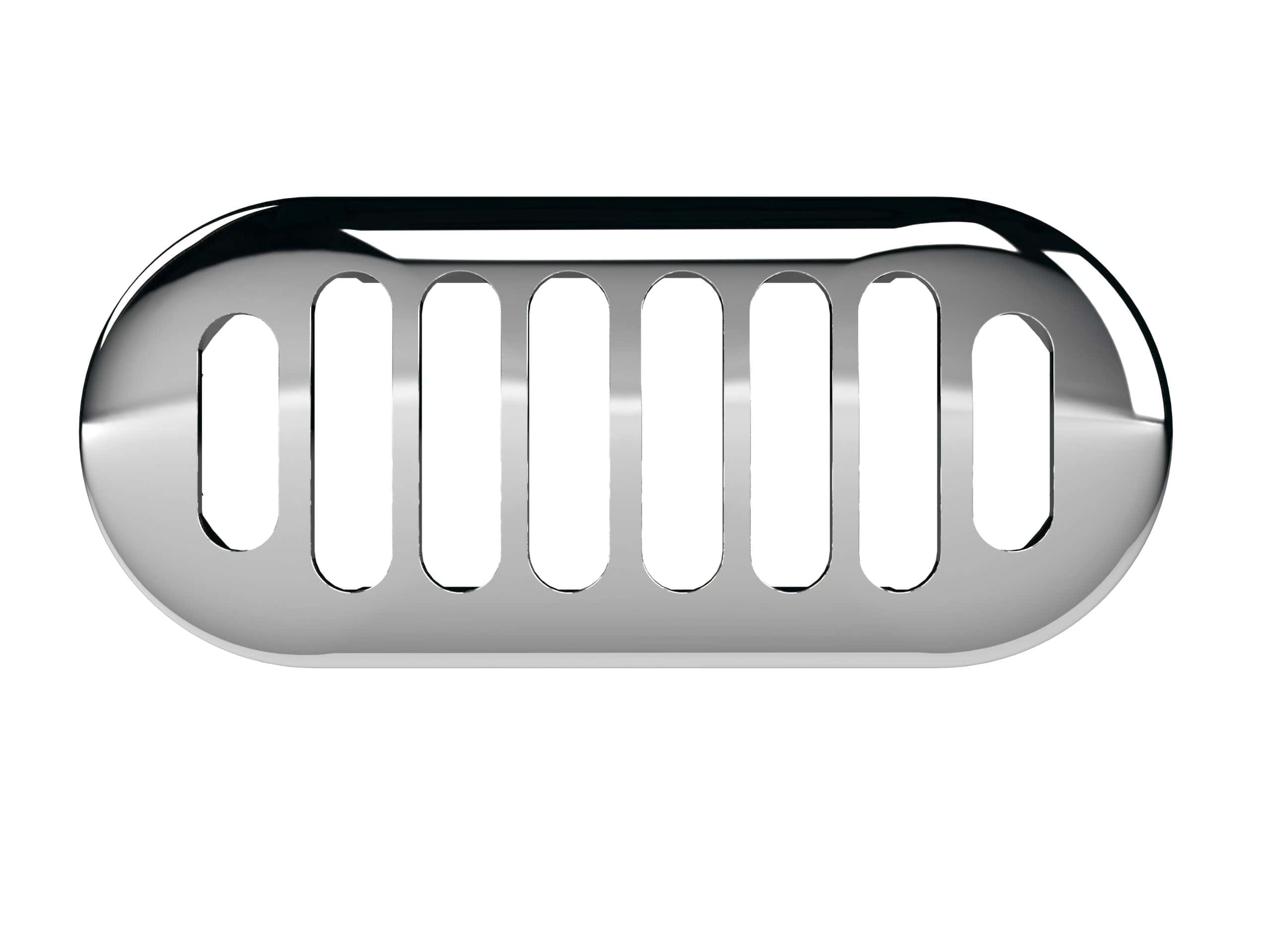 Polished chrome soap dish holder with elongated slots for bathroom sink organisation.