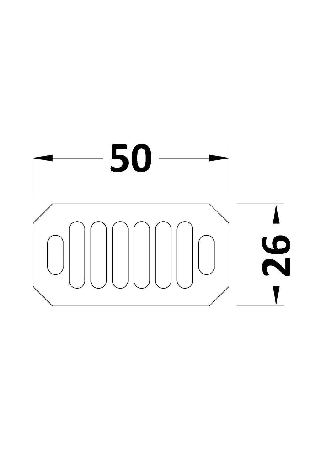 Versatile bathroom floor drain with stainless steel slotted cover, dimensions 50mm by 26mm, ideal for shower and wet room drainage solutions.
