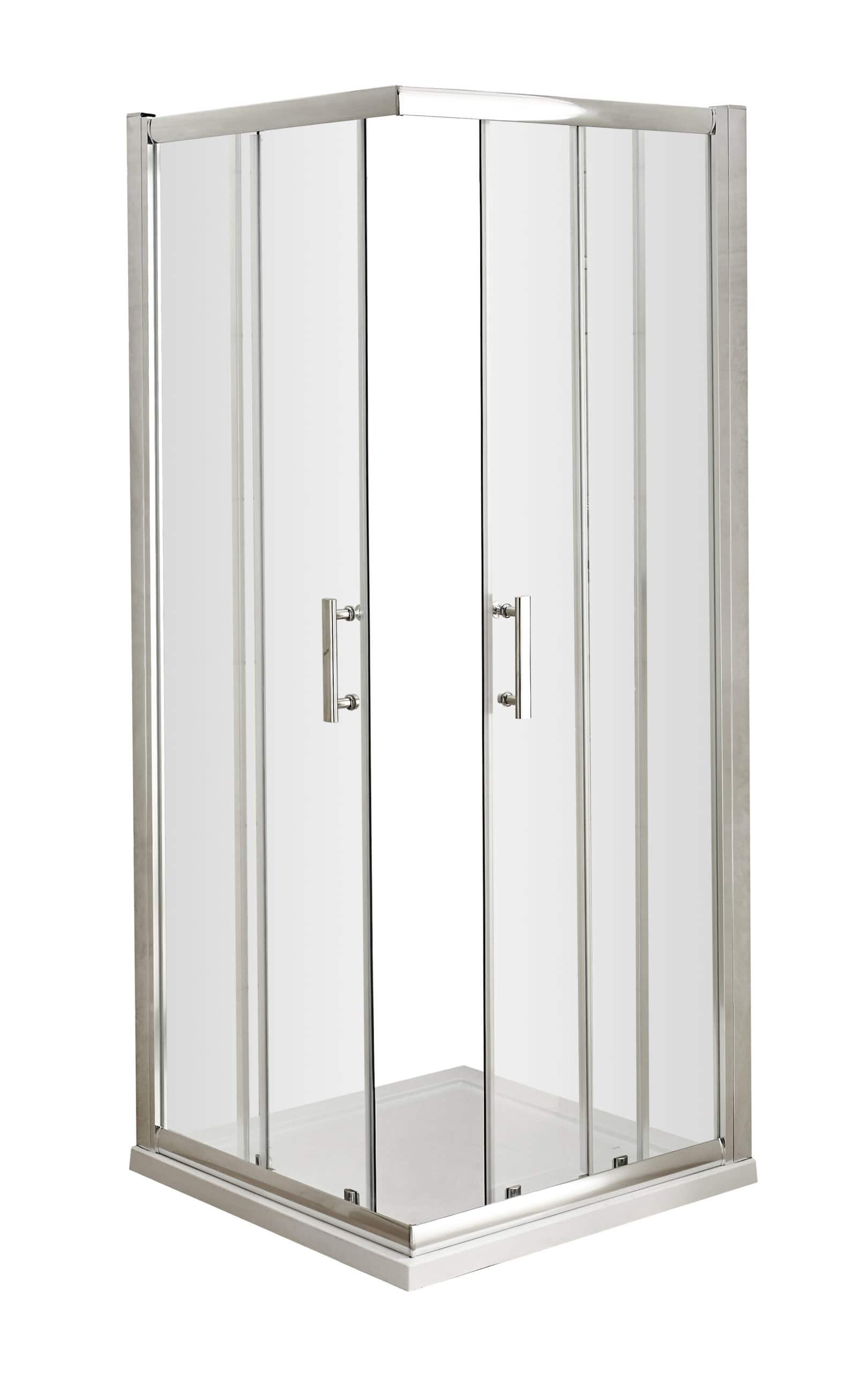 Shower enclosure with glass doors and sleek chrome frame, ideal for modern bathroom renovation and stylish showering spaces.