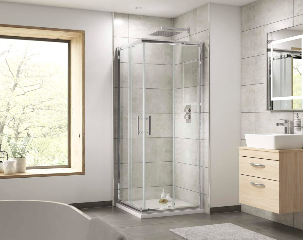 Bright modern bathroom with glass shower enclosure, wooden vanity, and large window, featuring contemporary bathroom fixtures and neutral tones for a relaxing space.