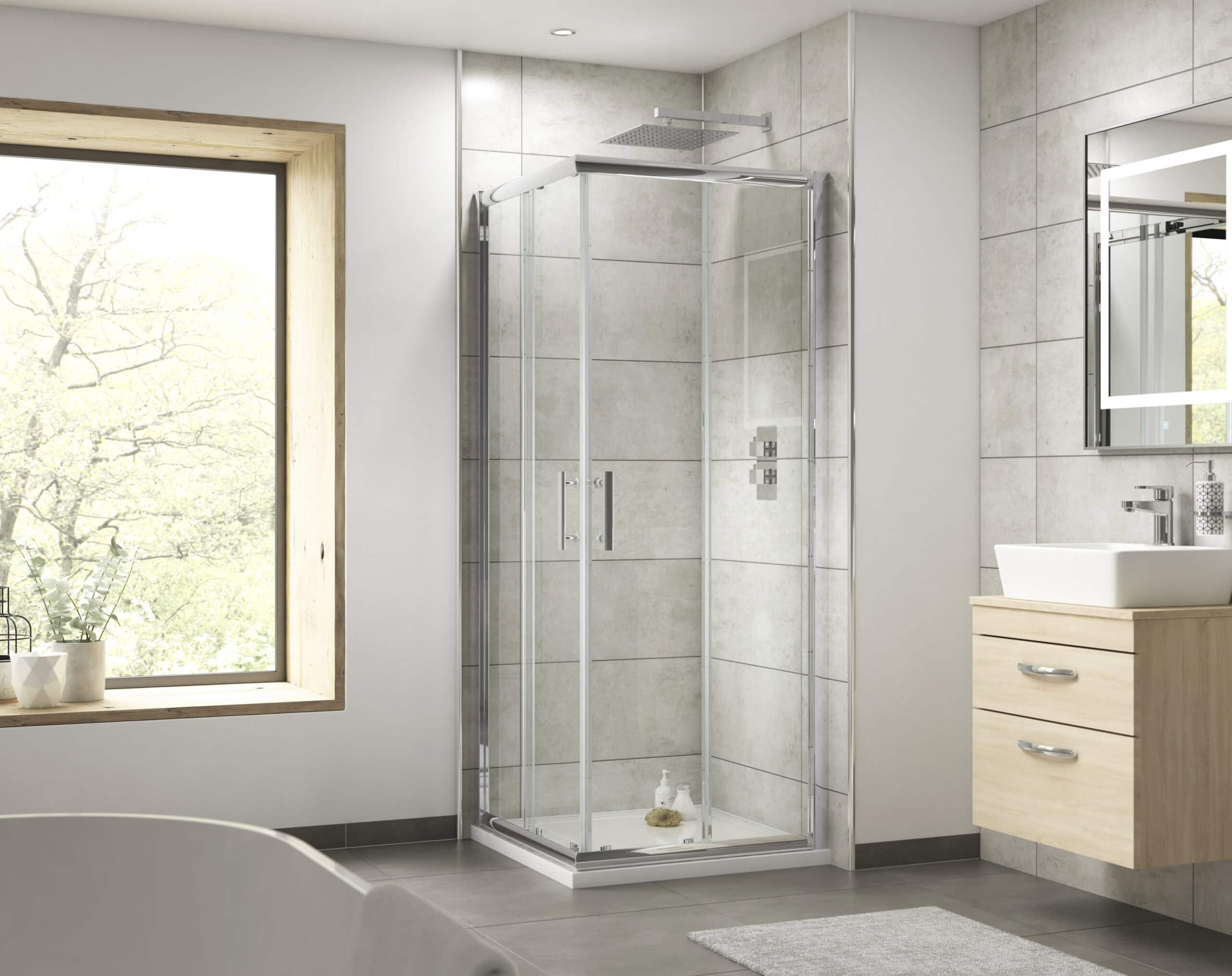 Bright modern bathroom with glass shower enclosure, wooden vanity, and large window, featuring contemporary bathroom fixtures and neutral tones for a relaxing space.