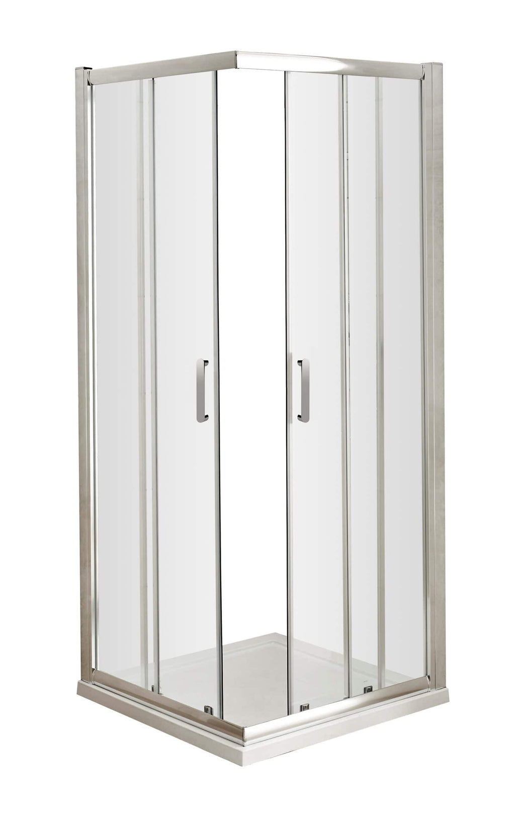 Elegant shower enclosure with glass panels and stainless steel frame, ideal for modern bathrooms seeking a sleek, durable, and space-saving shower solution. Perfect for bathroom renovation or upgrade.