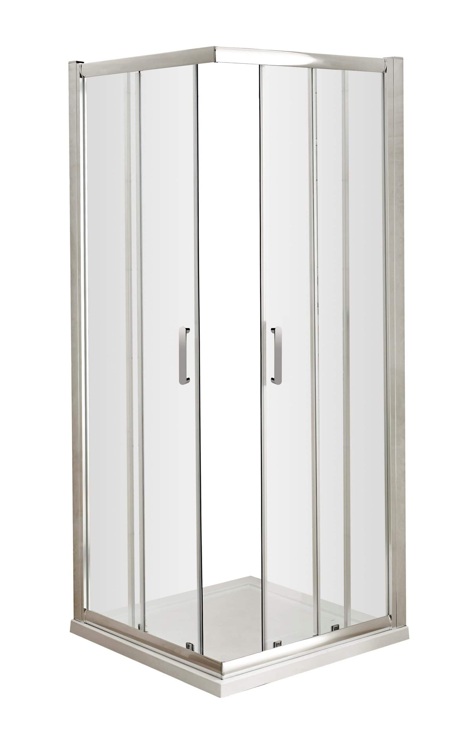 Elegant shower enclosure with glass panels and stainless steel frame, ideal for modern bathrooms seeking a sleek, durable, and space-saving shower solution. Perfect for bathroom renovation or upgrade.