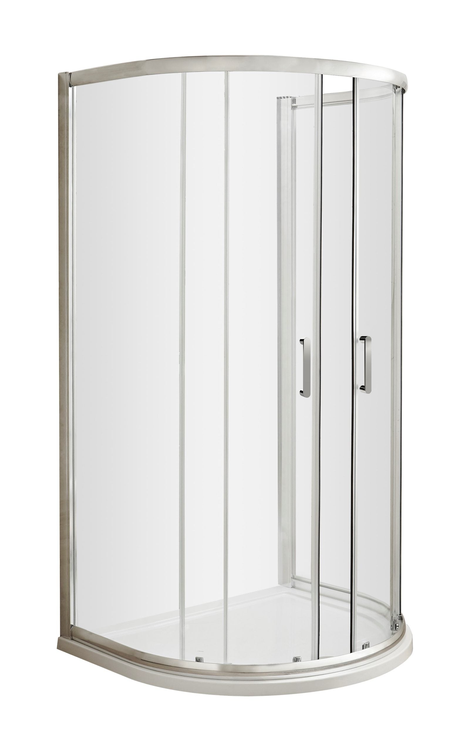 Shower cabin with curved glass doors and chrome trim, designed for modern bathrooms and maximising space. Perfect for enhancing bathroom functionality and style.