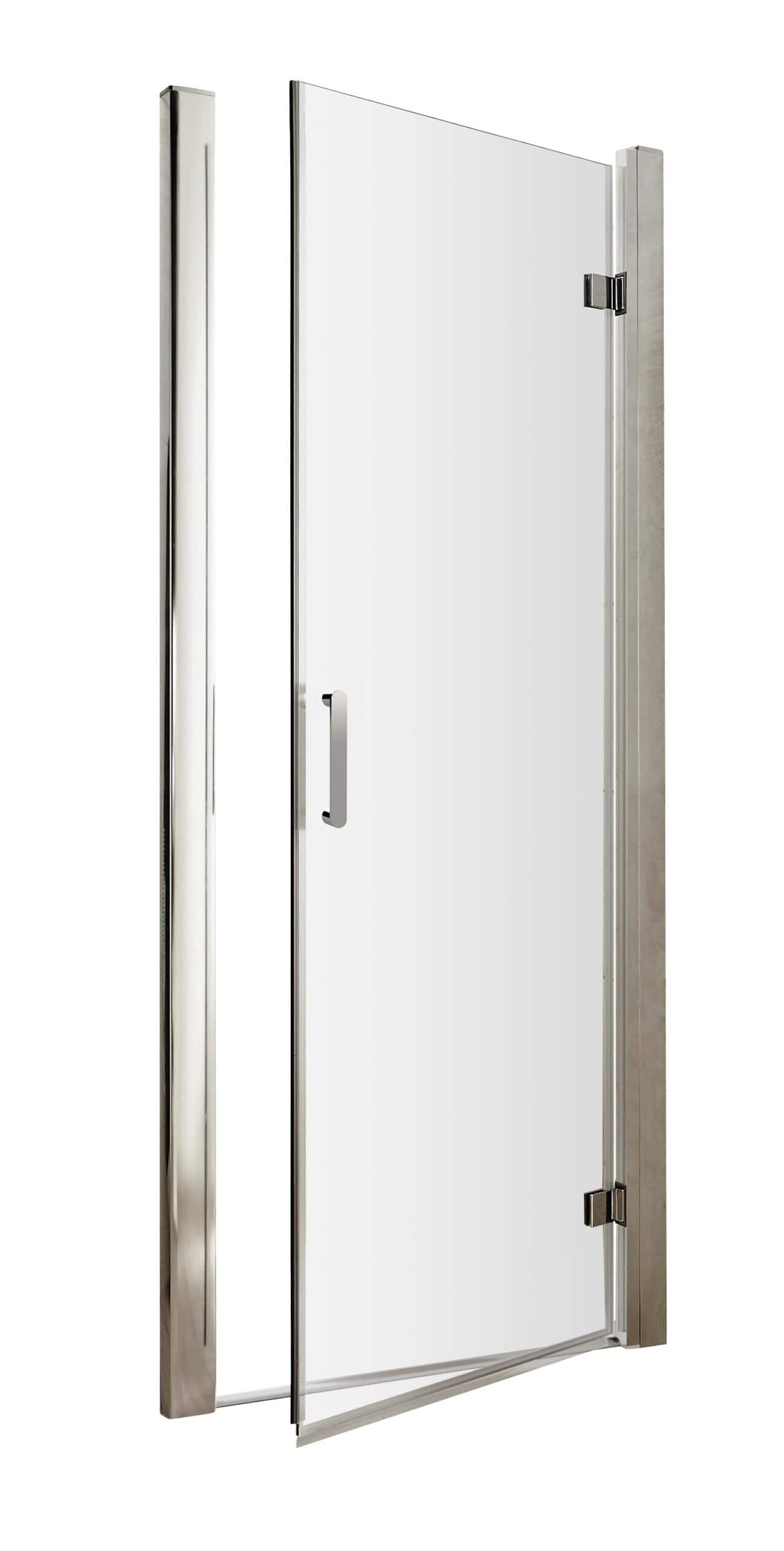 Shower door with stainless steel frame and clear glass for modern bathrooms, featuring sleek handles and sturdy hinges.