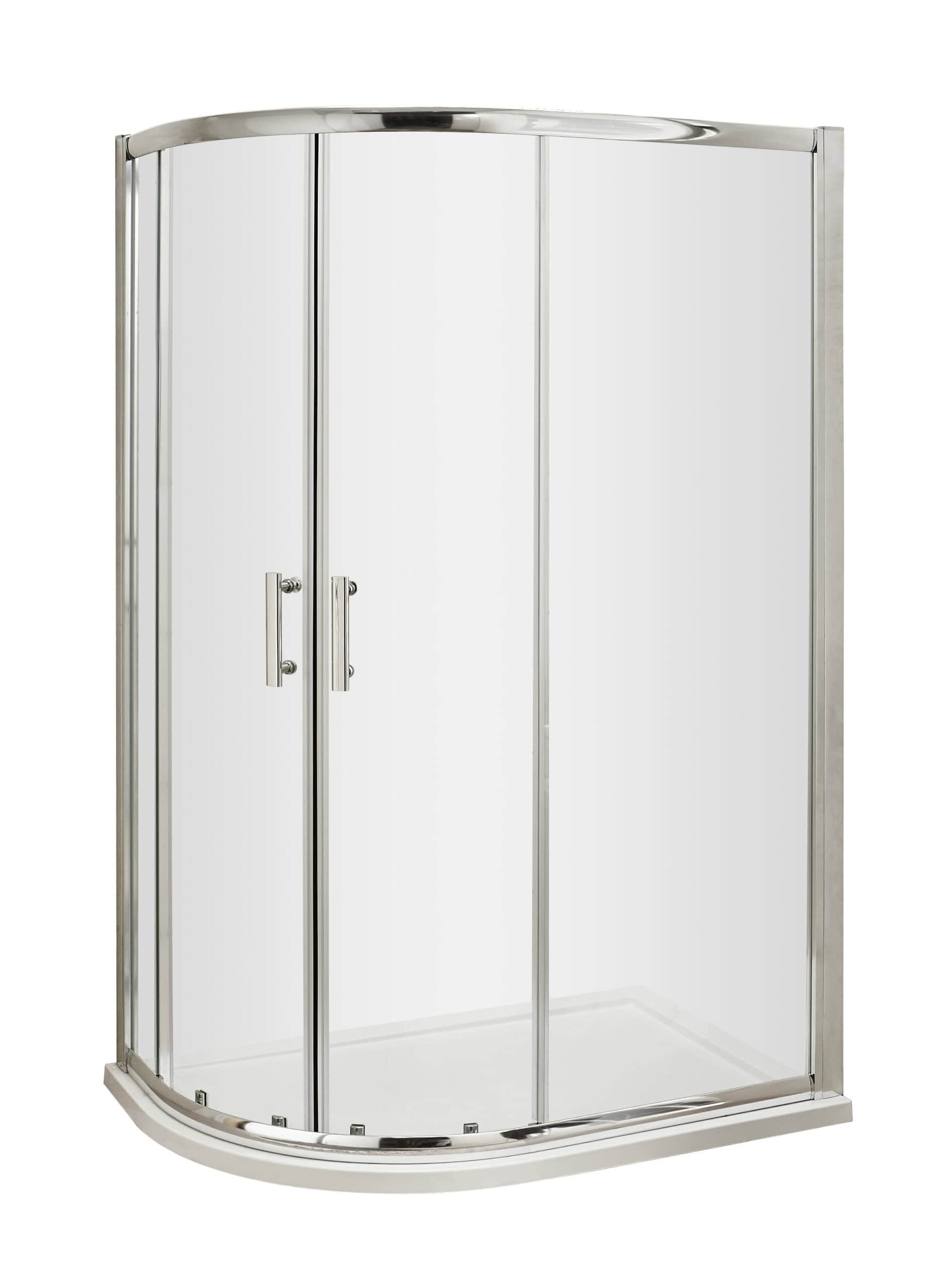 High-quality corner shower enclosure with glass panels and chrome frame, ideal for modern bathrooms, offers easy access and stylish design. Perfect for enhancing bathroom functionality and aesthetics.