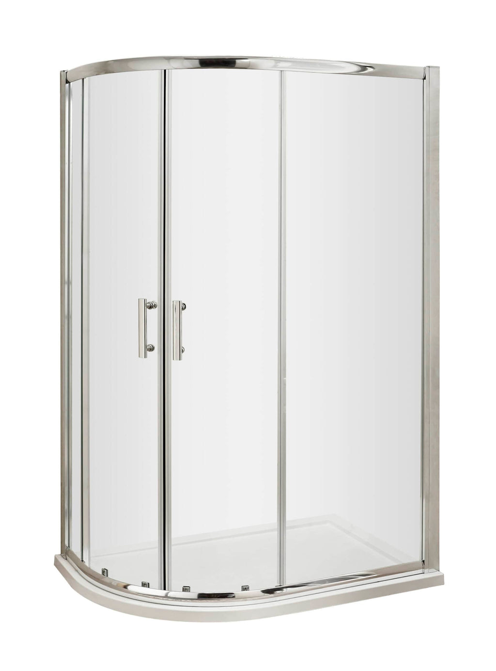 High-quality corner shower enclosure with glass panels and chrome frame, ideal for modern bathrooms, offers easy access and stylish design. Perfect for enhancing bathroom functionality and aesthetics.