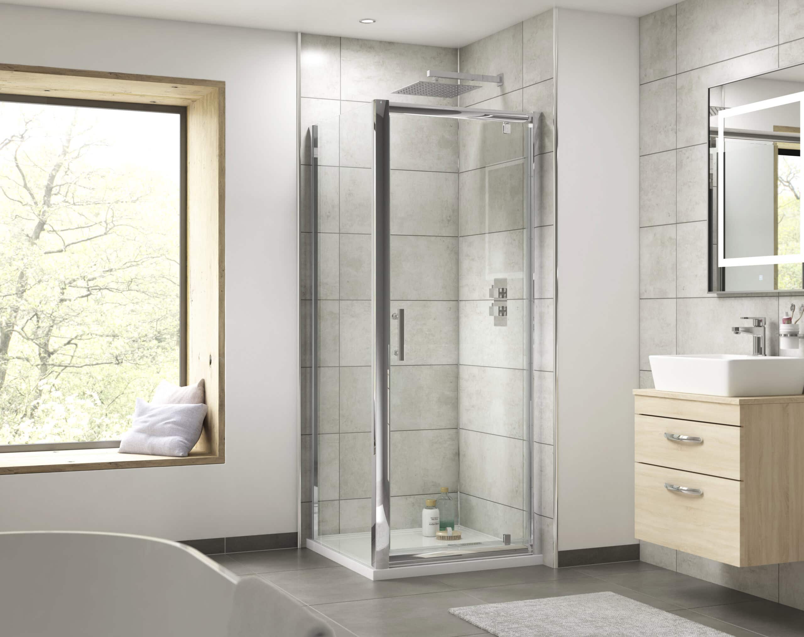 Minimalist bathroom with glass shower enclosure, modern vanity, large window with sitting nook, and neutral colour scheme, ideal for contemporary bathroom design.