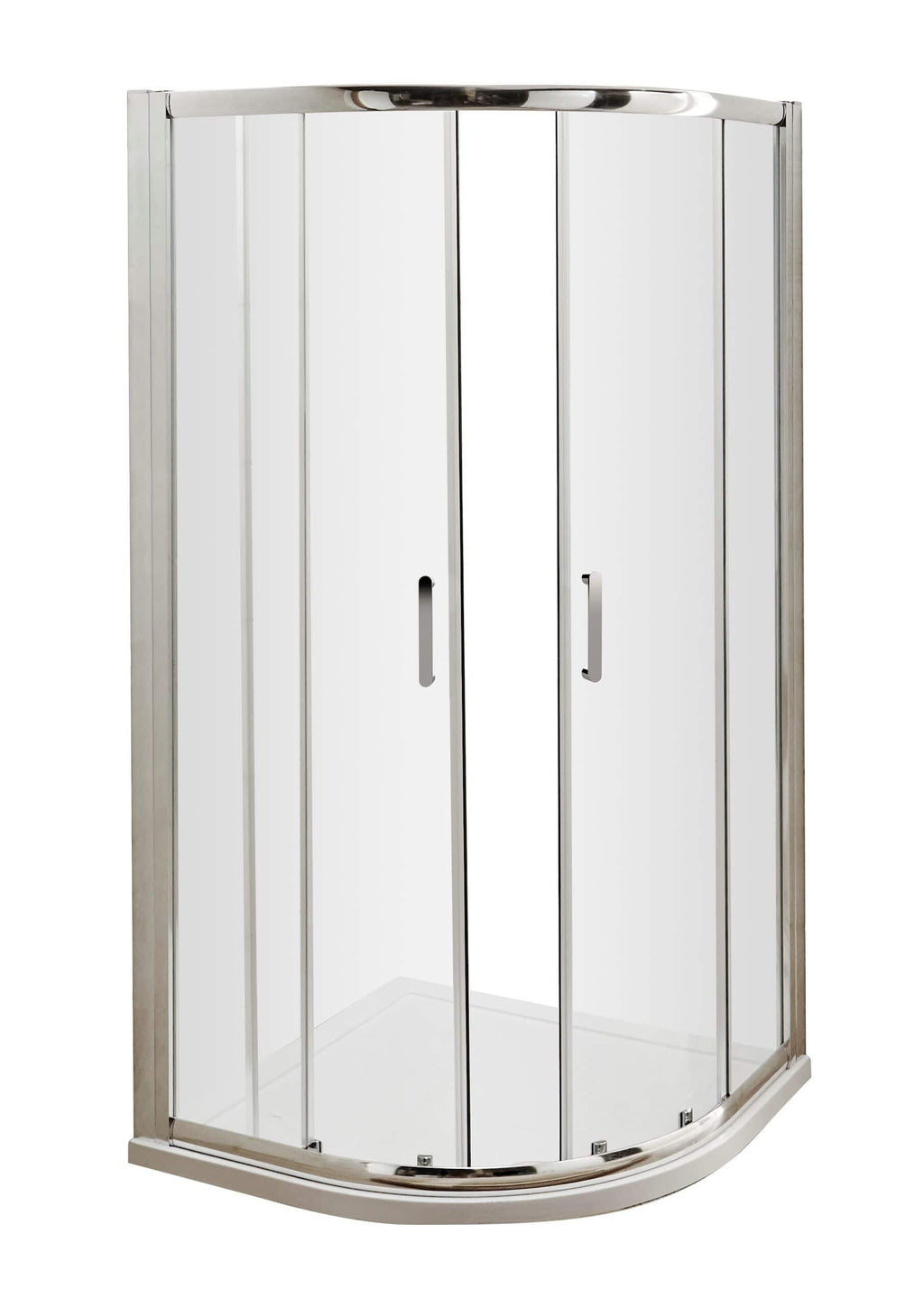 Stylish curved corner shower enclosure with sliding glass doors, ideal for modern bathrooms, featuring chrome finish and easy-access design. Perfect for space-saving bathroom renovations.