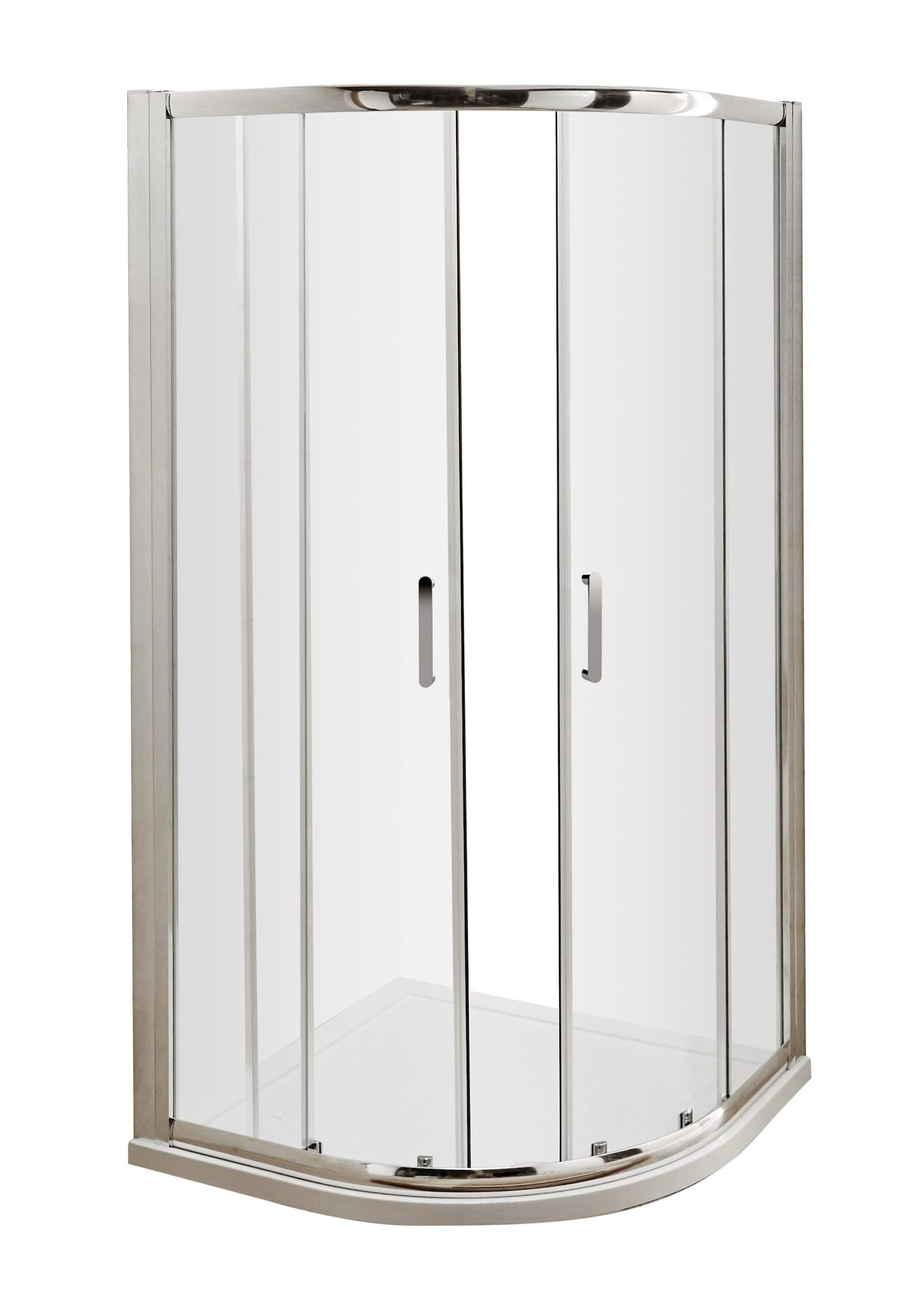 Stylish curved corner shower enclosure with sliding glass doors, ideal for modern bathrooms, featuring chrome finish and easy-access design. Perfect for space-saving bathroom renovations.