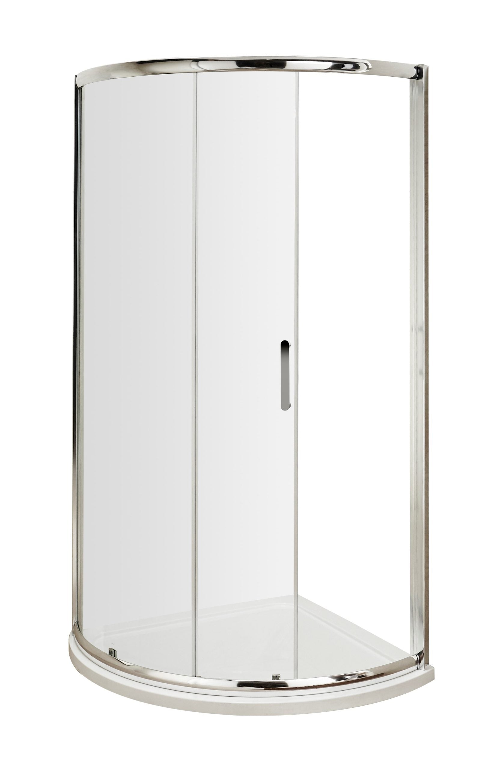 Stylish white curved shower enclosure with clear glass doors and chrome trim, ideal for modern bathroom renovations and space-efficient shower designs.