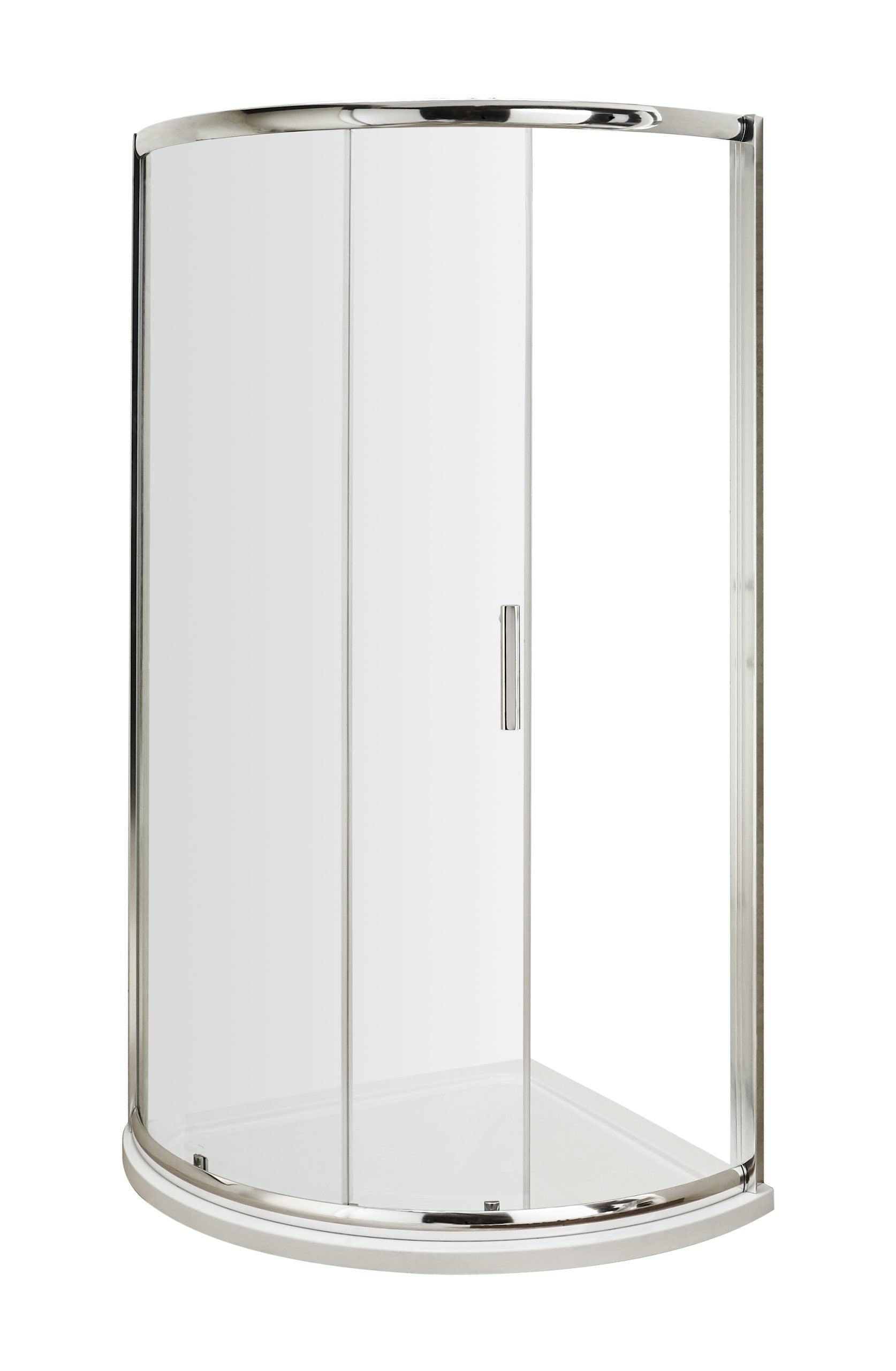 Shower enclosure with curved glass doors and chrome details, ideal for modern bathroom designs. High-quality materials ensure durability and easy maintenance, enhancing bathroom aesthetics.