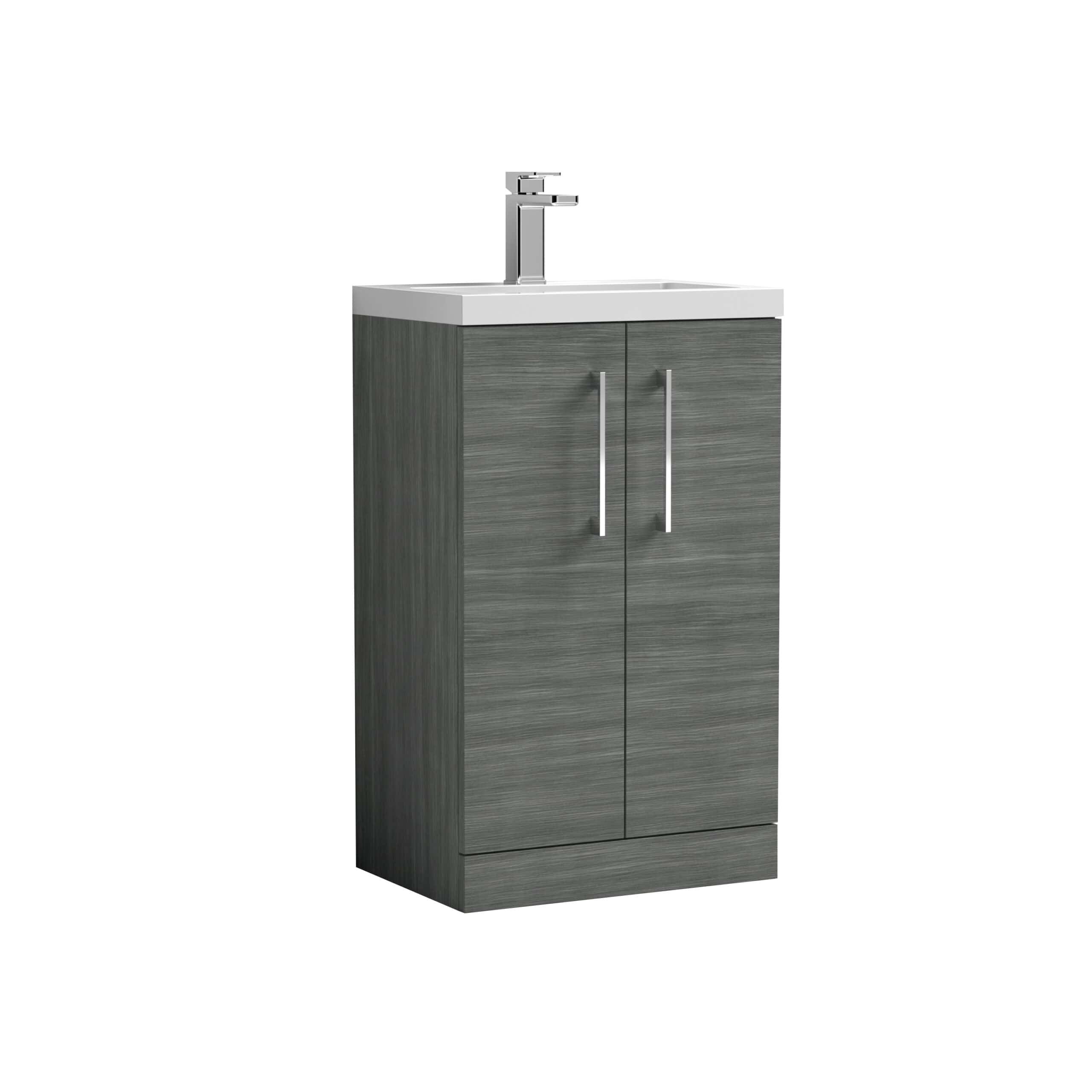 Modern grey bathroom vanity with integrated ceramic sink and sleek chrome handles, perfect for contemporary bathroom design and storage.
