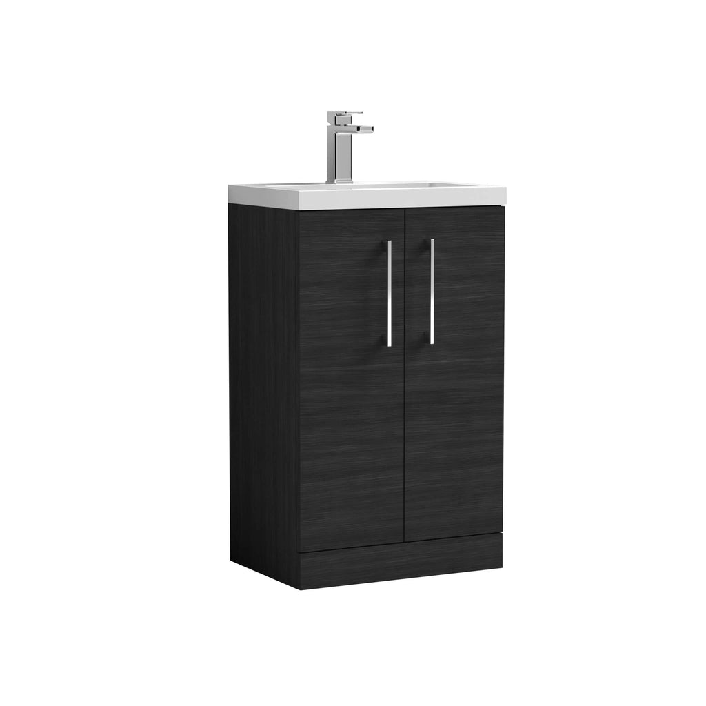 Modern black bathroom vanity with integrated sink and chrome faucet, ideal for contemporary bathroom designs. Durable wood finish with storage cabinets for bathroom essentials.
