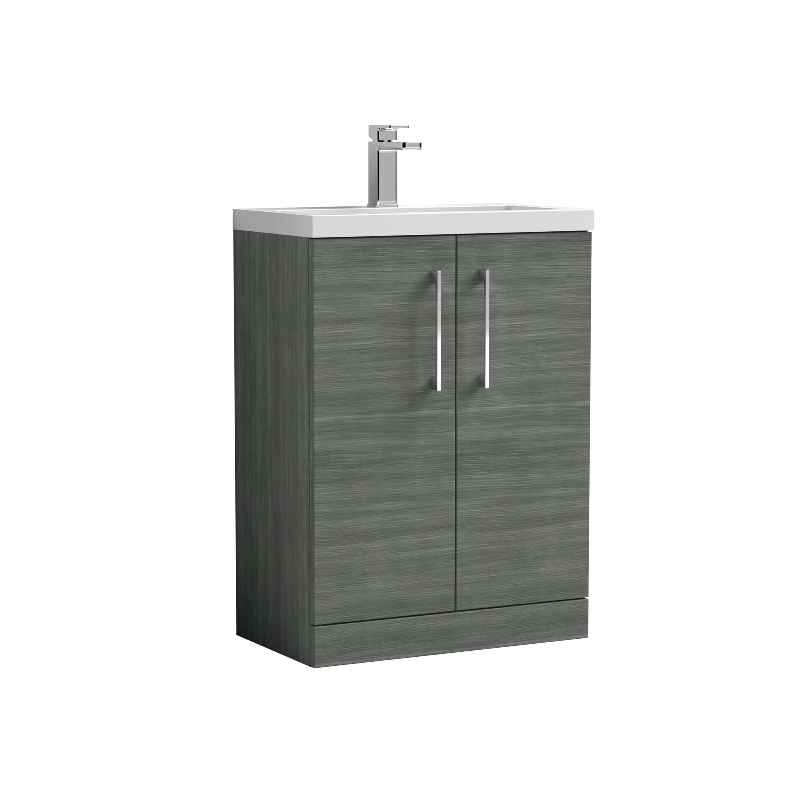 Sleek grey bathroom vanity with integrated sink and modern chrome handles, perfect for contemporary bathroom remodels or storage solutions.