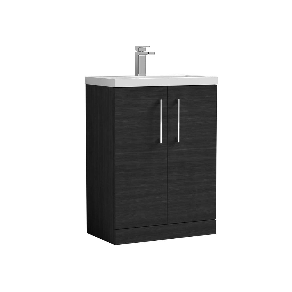 Modern black bathroom vanity unit with a white ceramic sink and chrome tap, ideal for contemporary bathroom designs. Perfect for stylish storage and functionality.