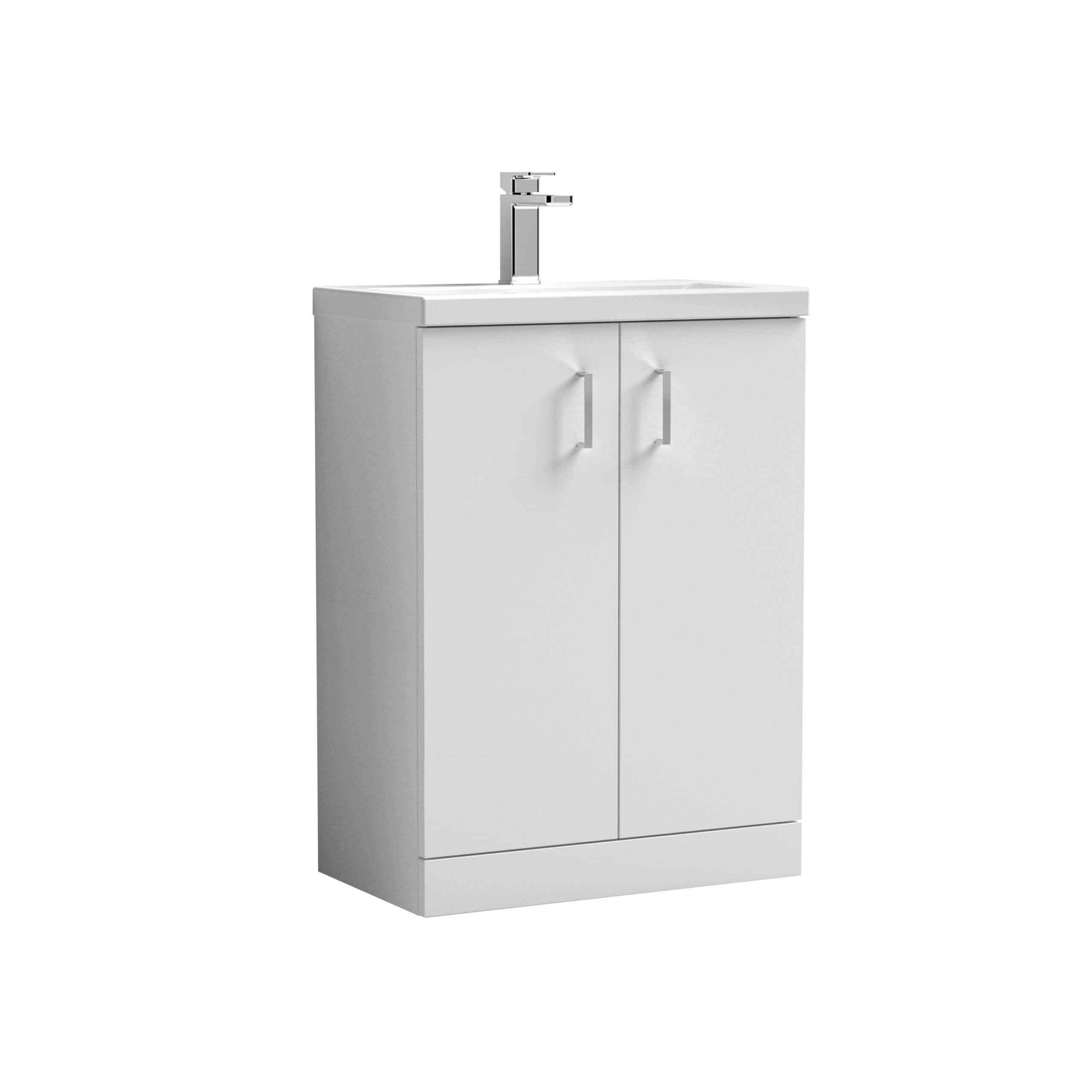 Sleek white bathroom vanity unit with storage cabinet and modern faucet, ideal for contemporary bathroom decor and space-saving solutions.