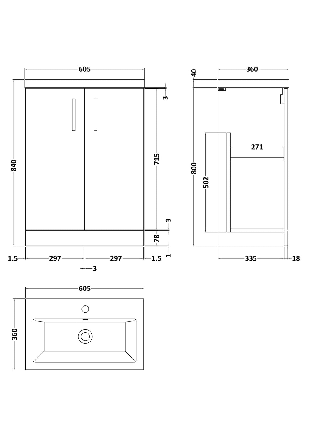 Modern bathroom cabinet with double doors and sleek handles, perfect for bathroom storage. Featuring precise measurements and a contemporary design, ideal for enhancing any bathroom space.