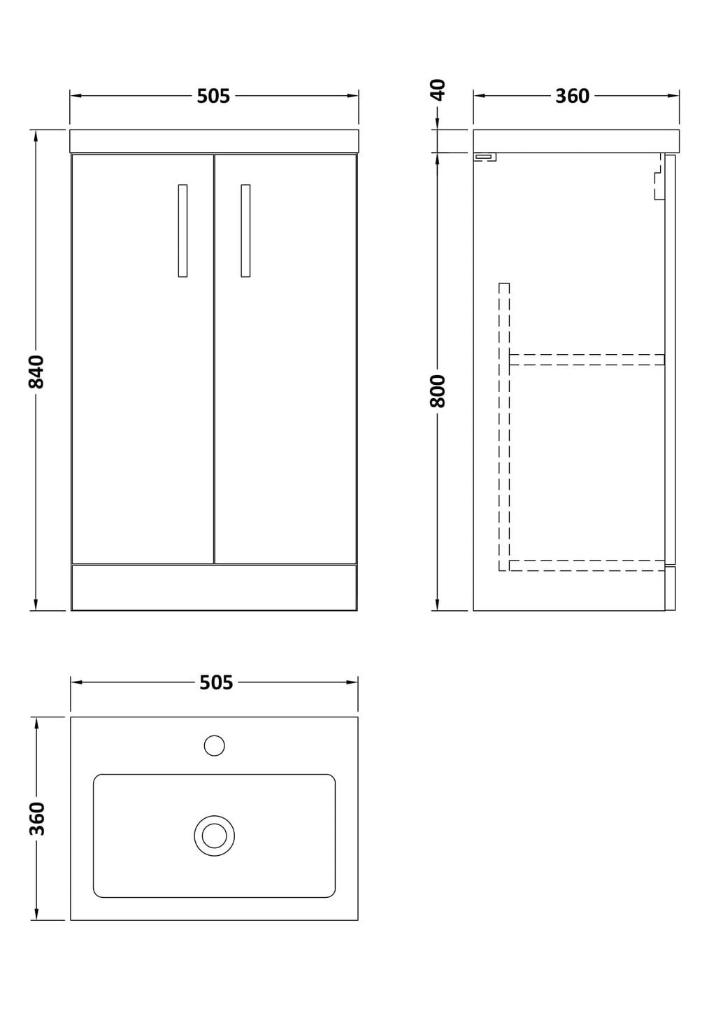 Elegant bathroom storage cabinet with double doors, sleek design, and durable finishes, perfect for modern bathrooms. Dimensions: 505mm x 840mm x 360mm, ideal for organising toiletries and accessories.