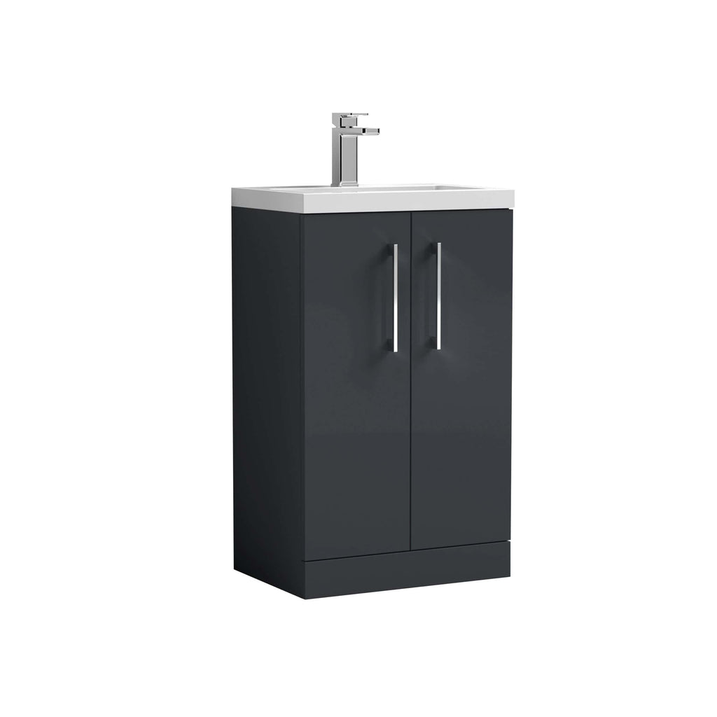 Sleek black bathroom vanity cabinet with integrated sink and modern chrome tap, ideal for contemporary bathroom designs and space-saving storage solutions.