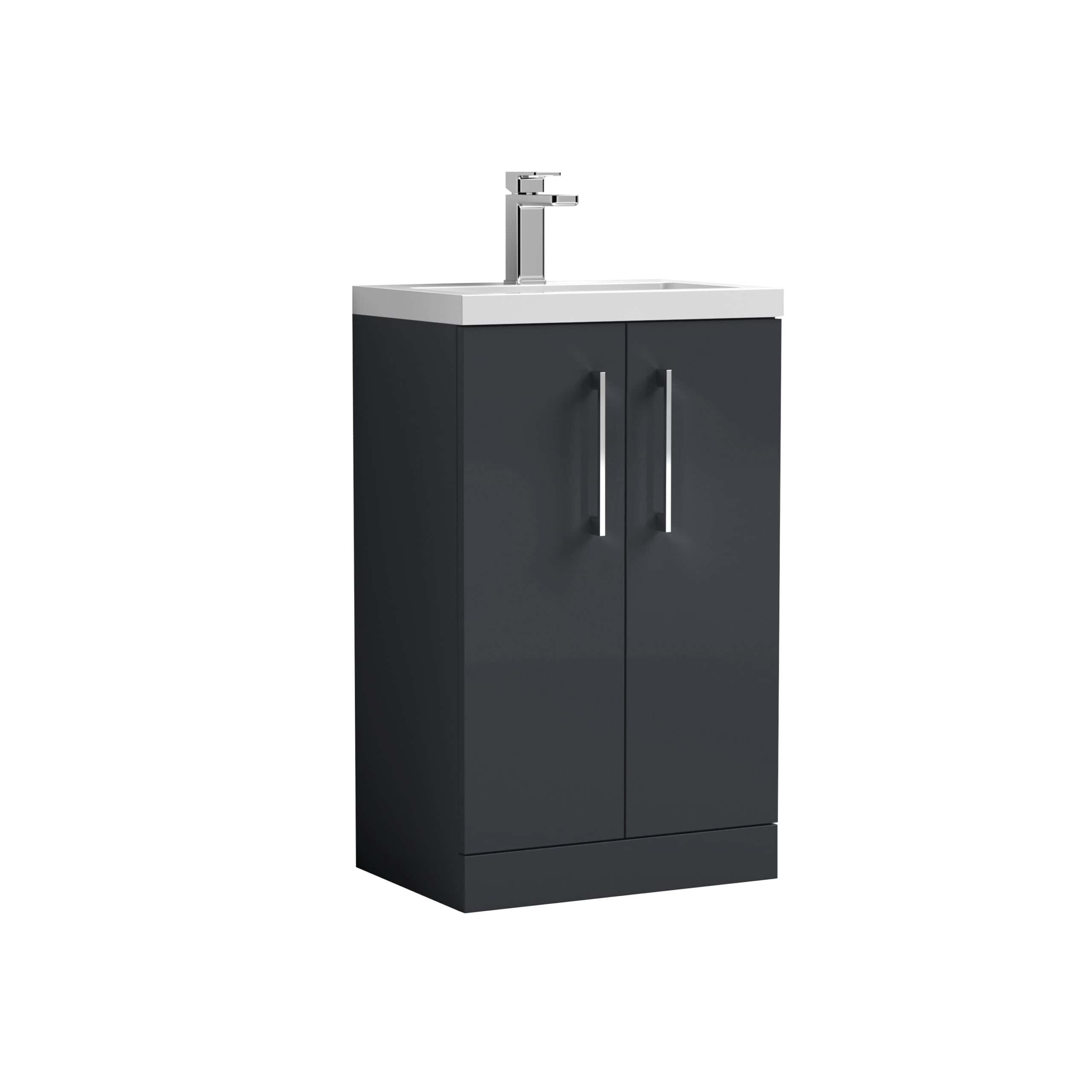 Sleek black bathroom vanity cabinet with integrated sink and modern chrome tap, ideal for contemporary bathroom designs and space-saving storage solutions.