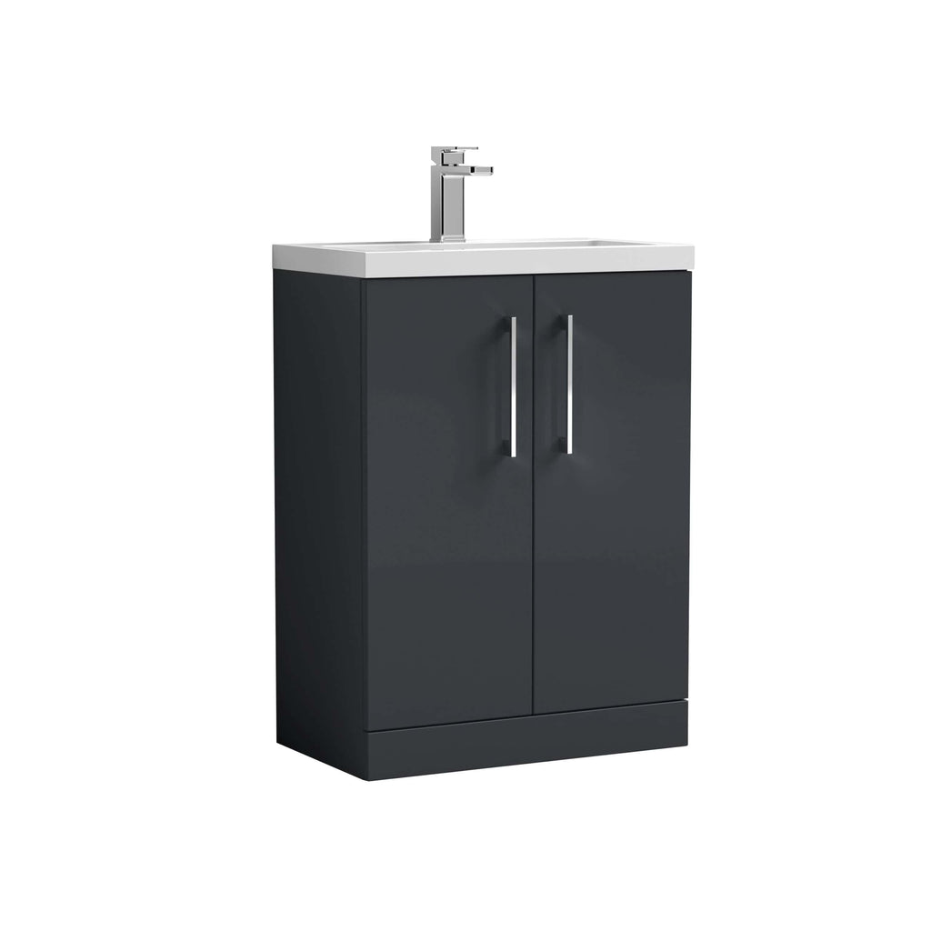 Modern black bathroom vanity unit with a sleek white ceramic sink and chrome tap, ideal for stylish bathroom storage and design.