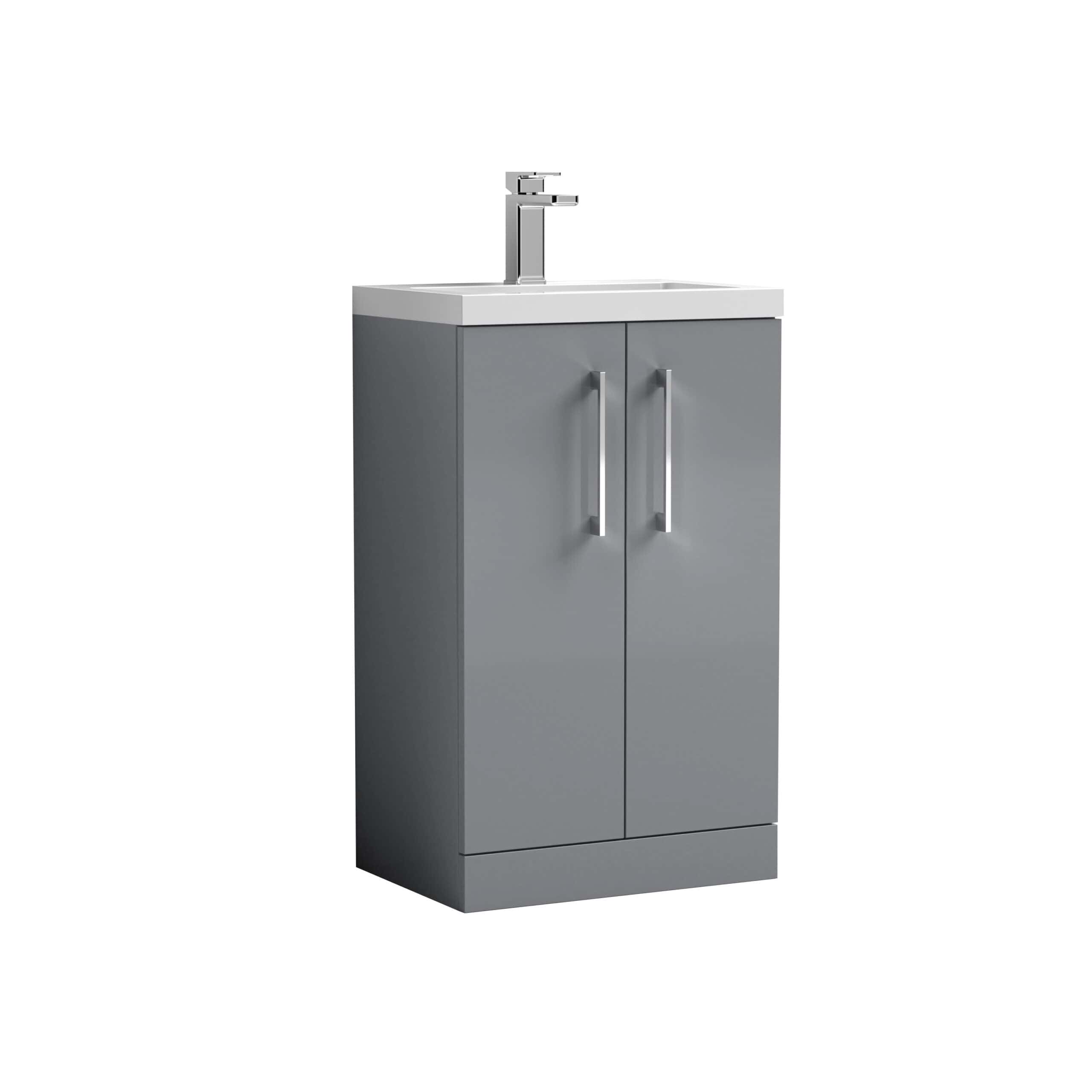Modern grey bathroom vanity unit with integrated sink and chrome faucet. Perfect for contemporary bathroom decor and storage solutions. Durable construction and stylish design.