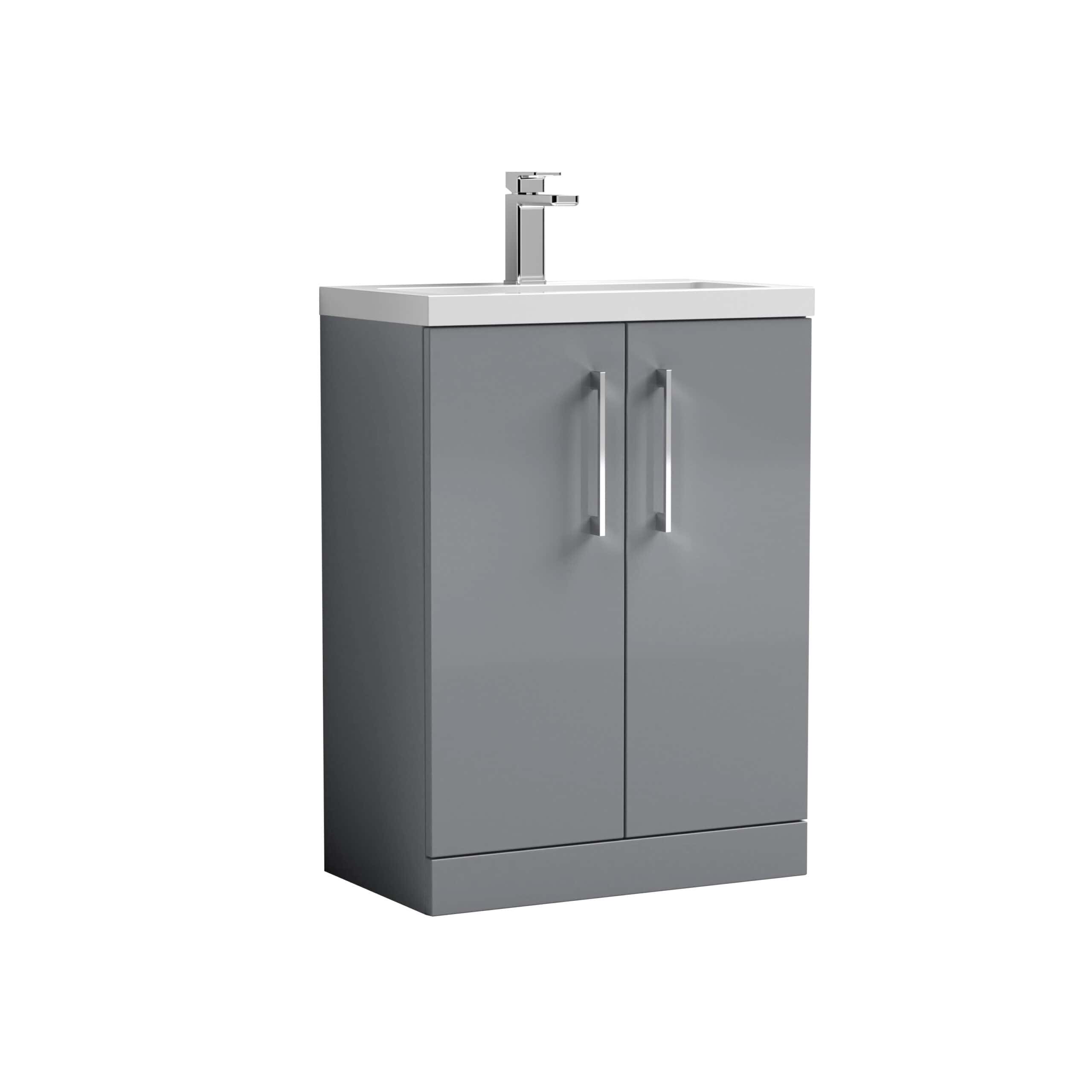 Modern grey bathroom vanity with integrated washbasin and chrome faucet, ideal for contemporary bathroom decor, offering storage and style.