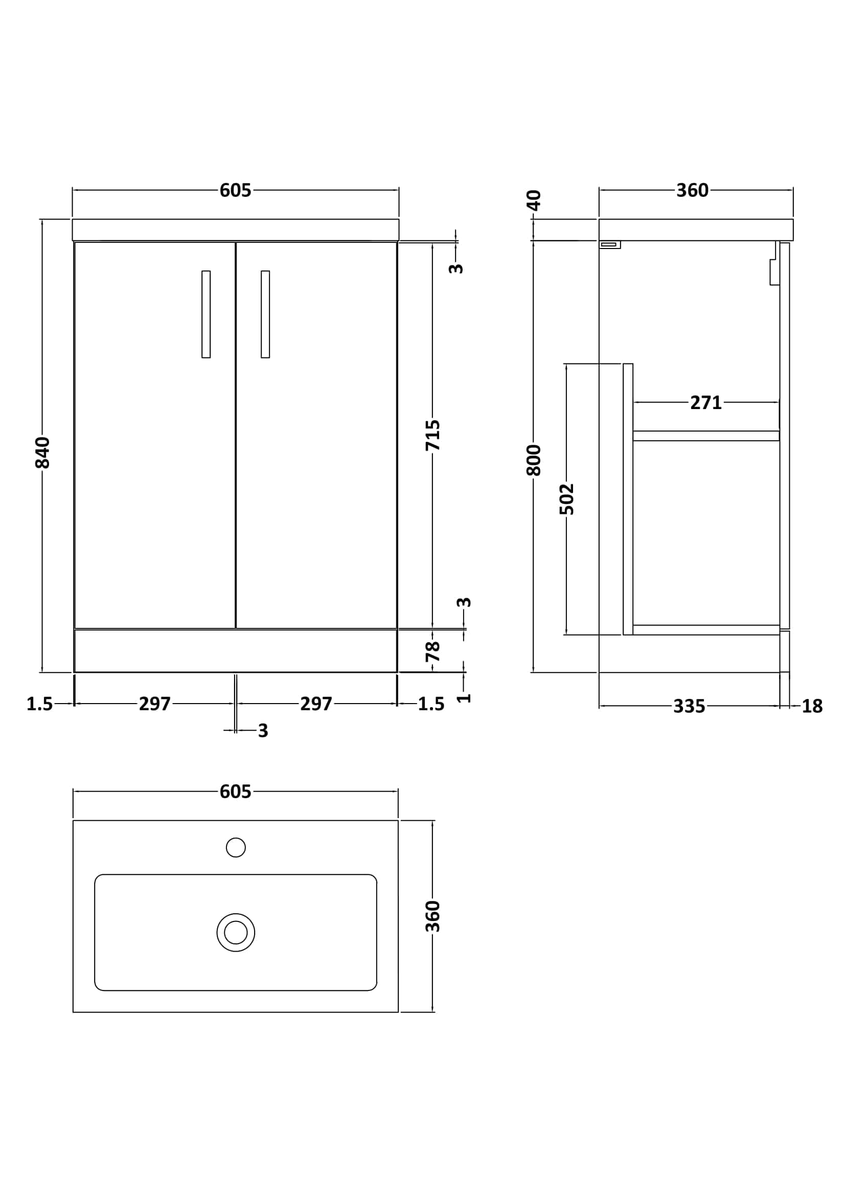 Sleek bathroom cabinet with dual doors, modern handles, and precise dimensions perfect for contemporary Bubly Bathrooms designs, offering ample storage and style.