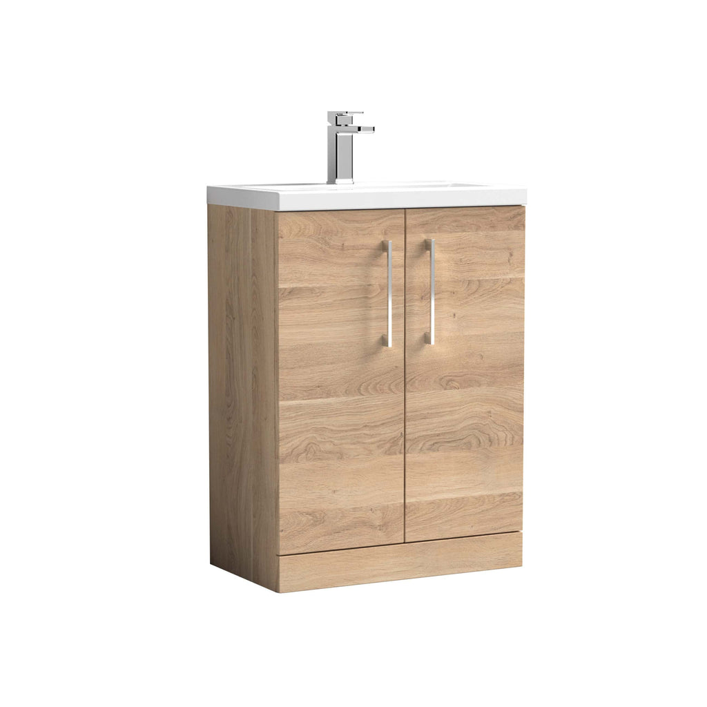 Modern wooden bathroom vanity with ceramic sink and chrome faucet, ideal for contemporary bathroom designs, offering storage and style.