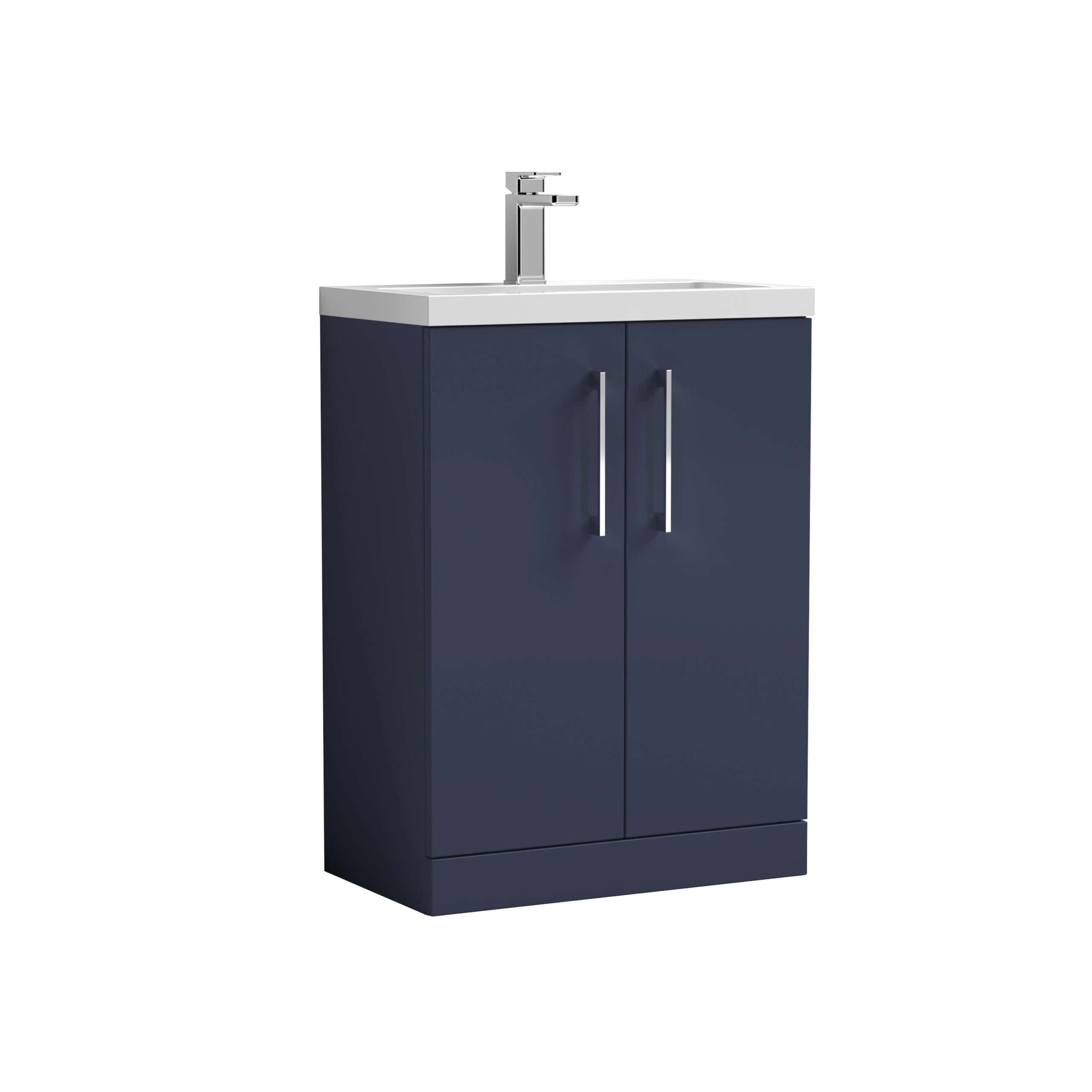 Modern navy bathroom vanity with a white ceramic sink and chrome handles, ideal for contemporary bathroom interiors. Perfect for storage and style enhancement.