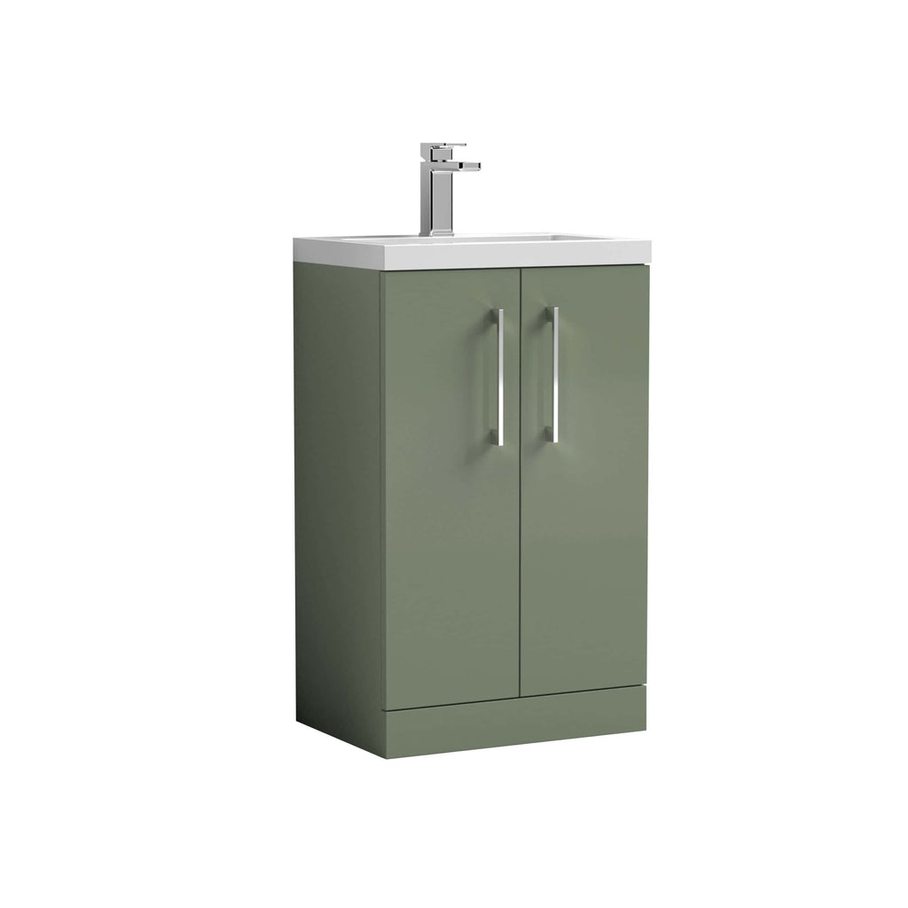 Stylish bathroom vanity unit with integrated sink, modern chrome tap, and two cabinet doors in muted green, perfect for contemporary bathroom interiors.